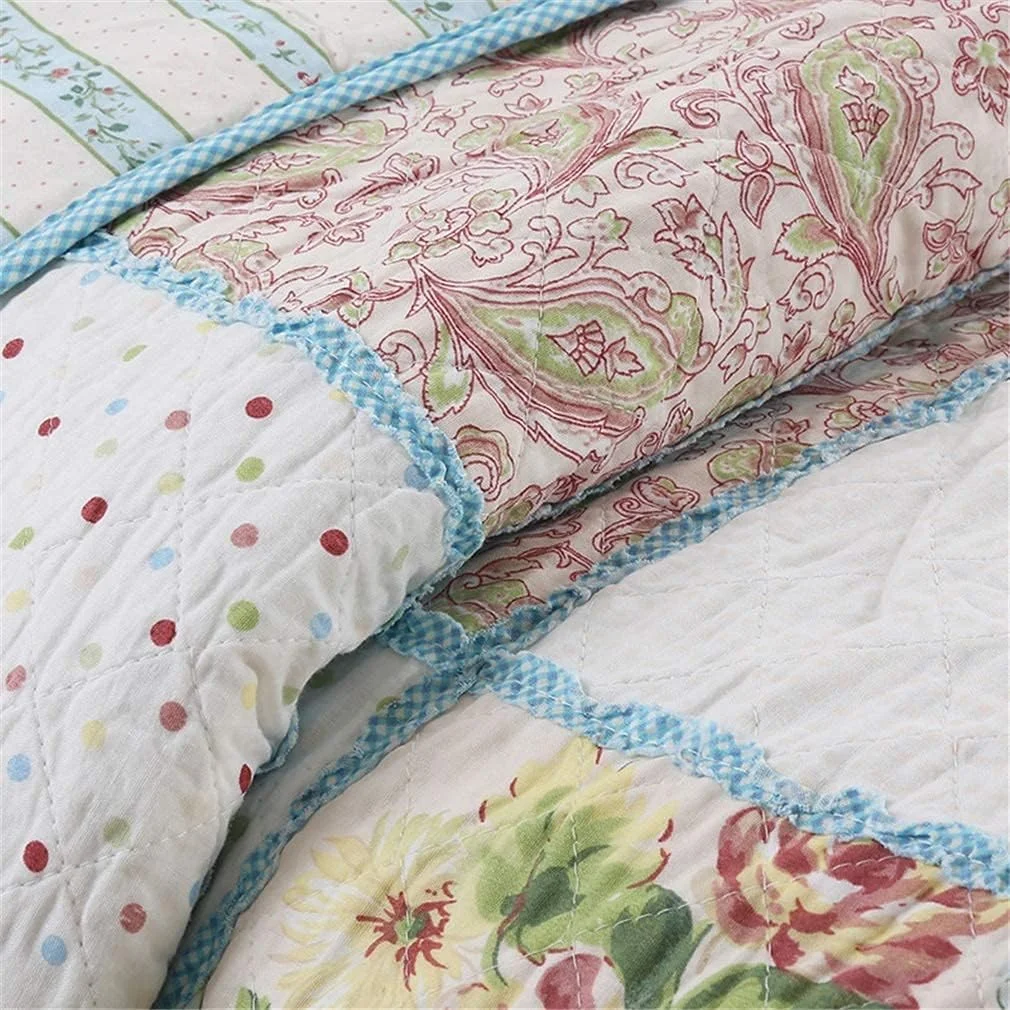 روتختی تکه دوزی شده طرح دار، ست روتختی سه تکه، آبی، دو رو، طرح گلدار، ست لحاف سبک شامل لحاف و 2 روبالشتی