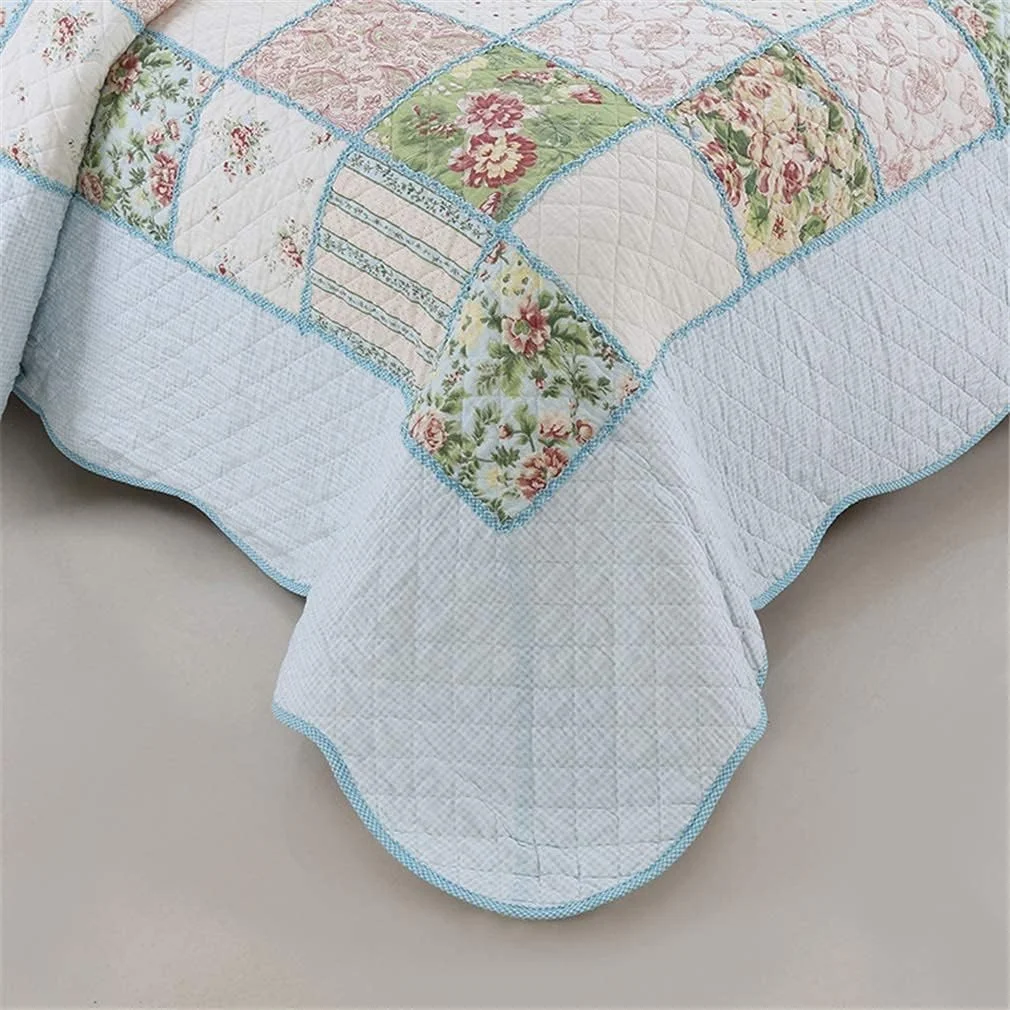 روتختی تکه دوزی شده طرح دار، ست روتختی سه تکه، آبی، دو رو، طرح گلدار، ست لحاف سبک شامل لحاف و 2 روبالشتی