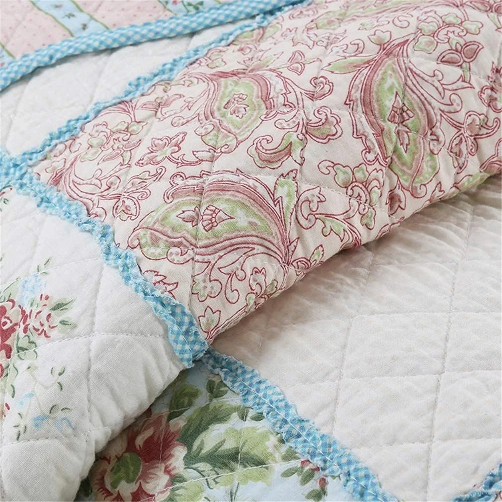 روتختی تکه دوزی شده طرح دار، ست روتختی سه تکه، آبی، دو رو، طرح گلدار، ست لحاف سبک شامل لحاف و 2 روبالشتی