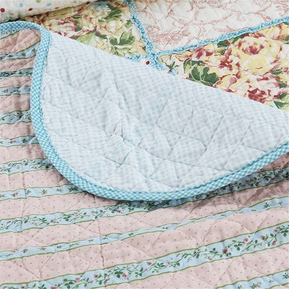 روتختی تکه دوزی شده طرح دار، ست روتختی سه تکه، آبی، دو رو، طرح گلدار، ست لحاف سبک شامل لحاف و 2 روبالشتی