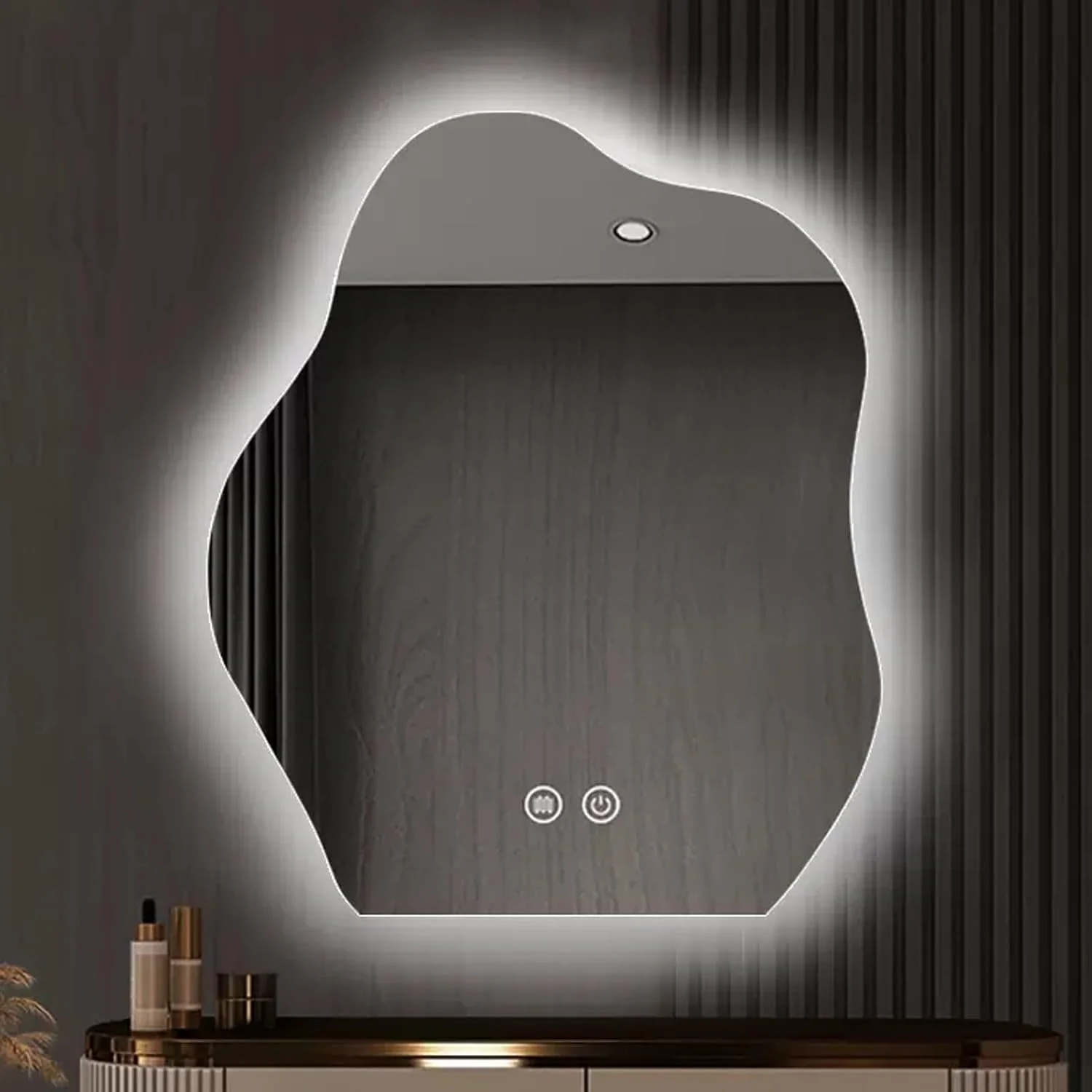 آینه حمام YUGXTH با چراغ‌های LED، 3 حالت نور، آینه دیواری طرح ابر با دیمستر و کلید لمسی، آینه آرایشی زیبا، آینه دیواری بدون قاب (اندازه: 60 * 75 سانتی‌متر)