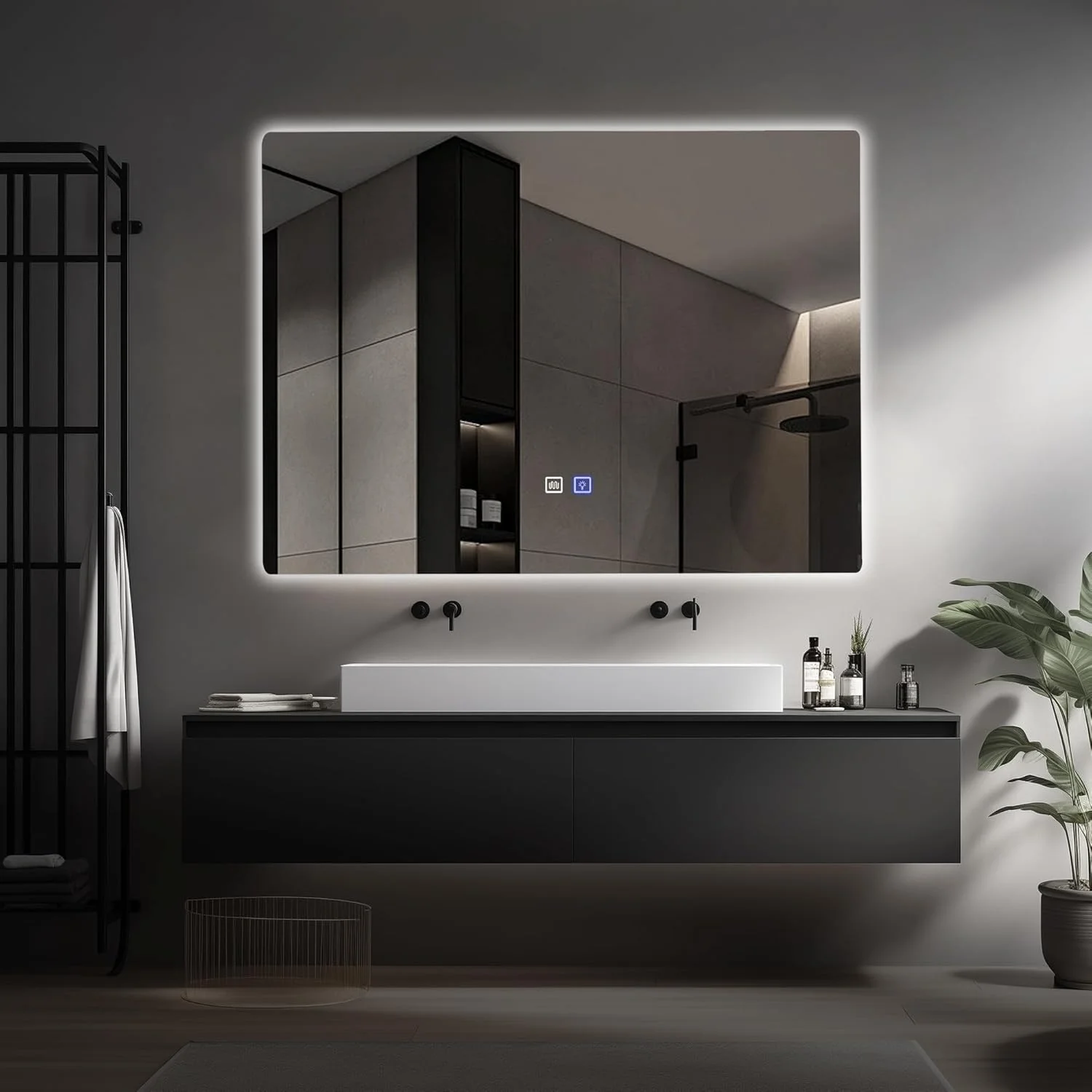 آینه حمام ال ای دی YUFER با ابعاد 48x36 اینچ با نور پس زمینه و جلو – آینه روشویی ضد مه قابل تنظیم با 3 دمای رنگ، عملکرد حافظه، طراحی ضد شکست برای حمام های مدرن