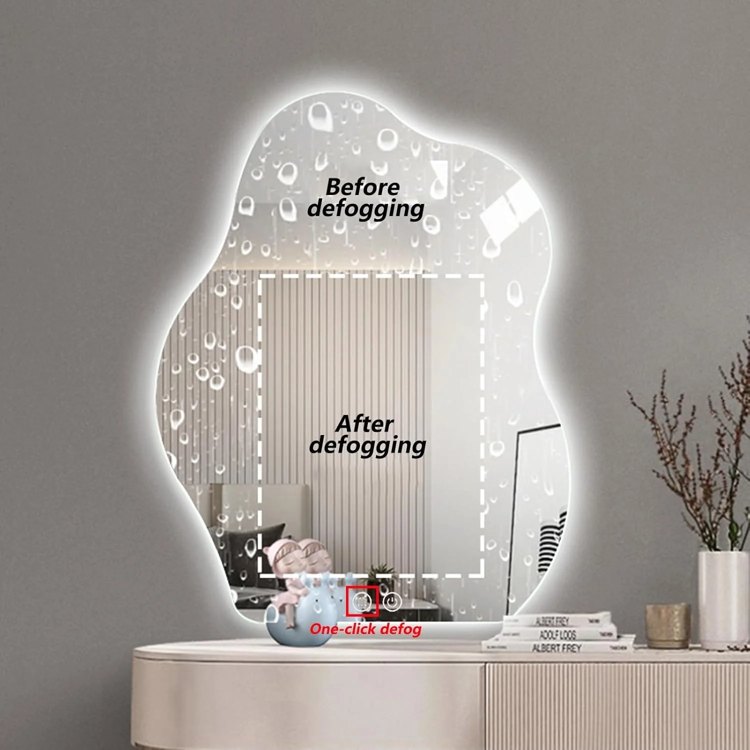 آینه حمام YUGXTH با چراغ‌های LED، 3 حالت نور، آینه دیواری طرح ابر با دیمستر و کلید لمسی، آینه آرایشی زیبا، آینه دیواری بدون قاب (اندازه: 60 * 75 سانتی‌متر)