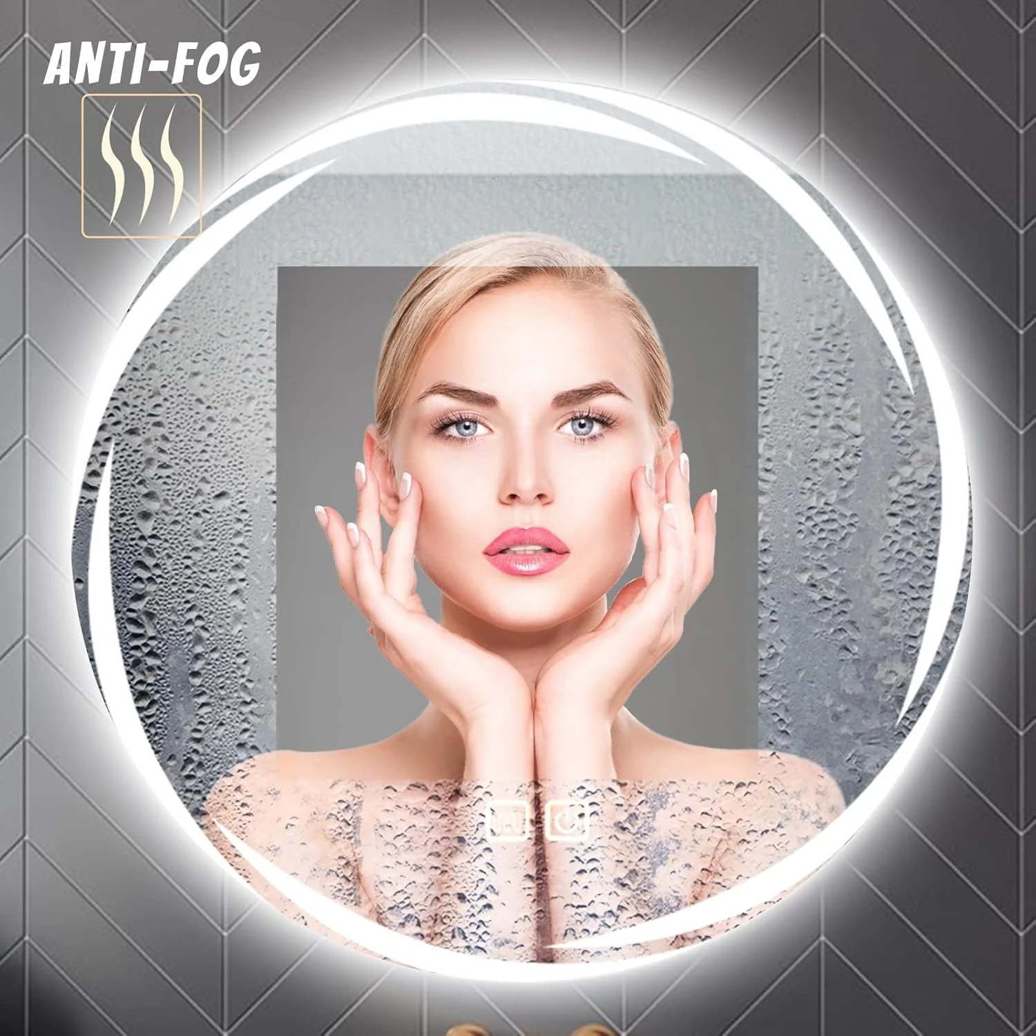 آینه گرد طرح دار 600 میلی متری YOSHOOT، نصب شده روی دیوار حمام با نورپردازی شیک، آینه آرایشی دایره ای بزرگ ضد مه، نور LED سه رنگ با قابلیت تنظیم نور، IP44 (گردباد)
