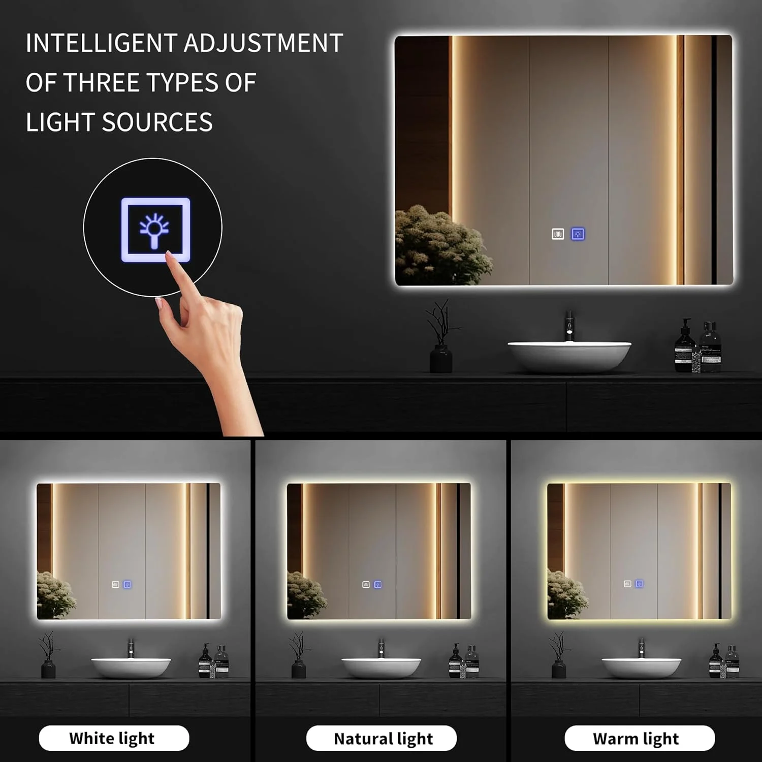 آینه حمام ال ای دی YUFER با ابعاد 48x36 اینچ با نور پس زمینه و جلو – آینه روشویی ضد مه قابل تنظیم با 3 دمای رنگ، عملکرد حافظه، طراحی ضد شکست برای حمام های مدرن