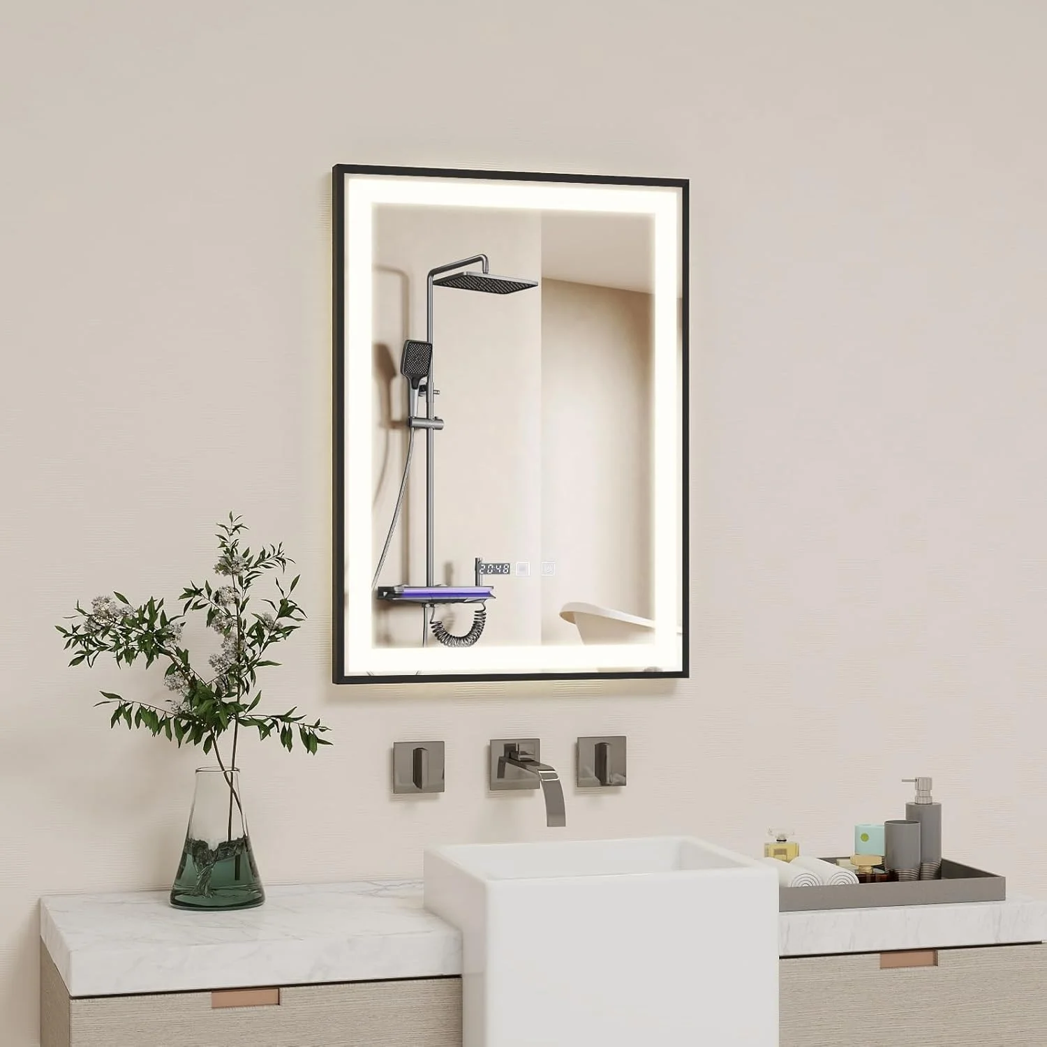 آینه حمام نوردار YOURLITE، 50x70 سانتی متر، آینه LED با 3 رنگ نور، دیمر دار، کلید لمسی، ضد بخار، آینه دیواری حمام با ساعت دیجیتال، عملکرد حافظه، مشکی