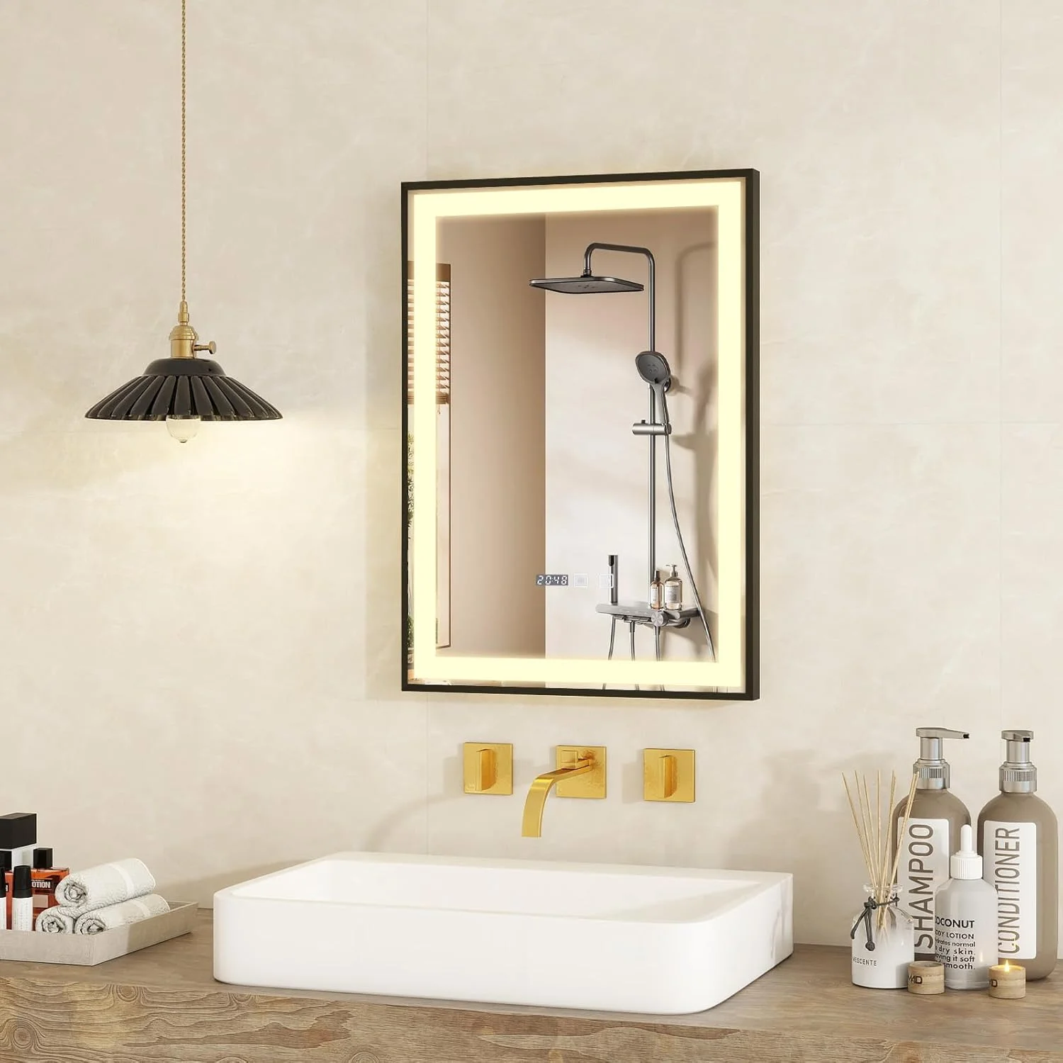 آینه حمام نوردار YOURLITE، 50x70 سانتی متر، آینه LED با 3 رنگ نور، دیمر دار، کلید لمسی، ضد بخار، آینه دیواری حمام با ساعت دیجیتال، عملکرد حافظه، مشکی