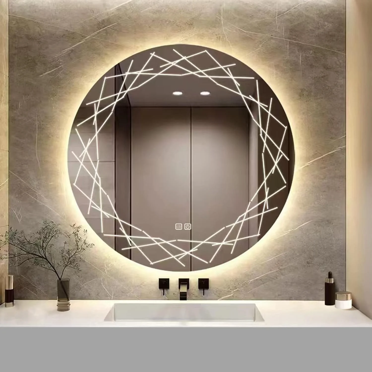 YOSHOOT Bathroom Mirror with Lighting, 80 cm Round Wall Mirror, LED Lighting, Anti-Fog Large Make-Up Mirror, Touch Button, Dimmable, 3 Colours, LED, 6400 K, IP44 (Nest)