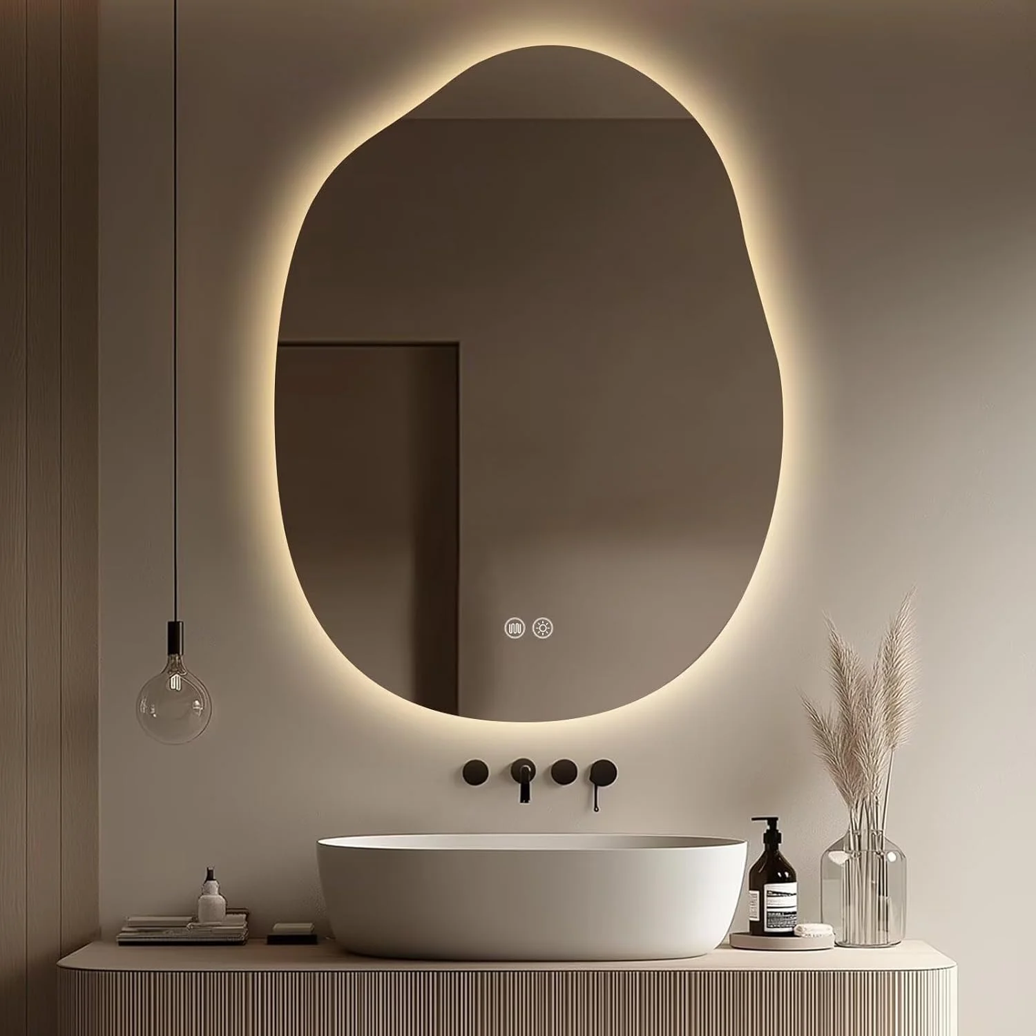 Yoding LED Bathroom Mirror with Lights 24x32”, Stepless Dimmable Irregular LED Mirror with 3 Colors, Anti-Fog, Shatter-Proof, Memory, Frameless Makeup Mirror for Bathroom (Horizontal/Vertical)