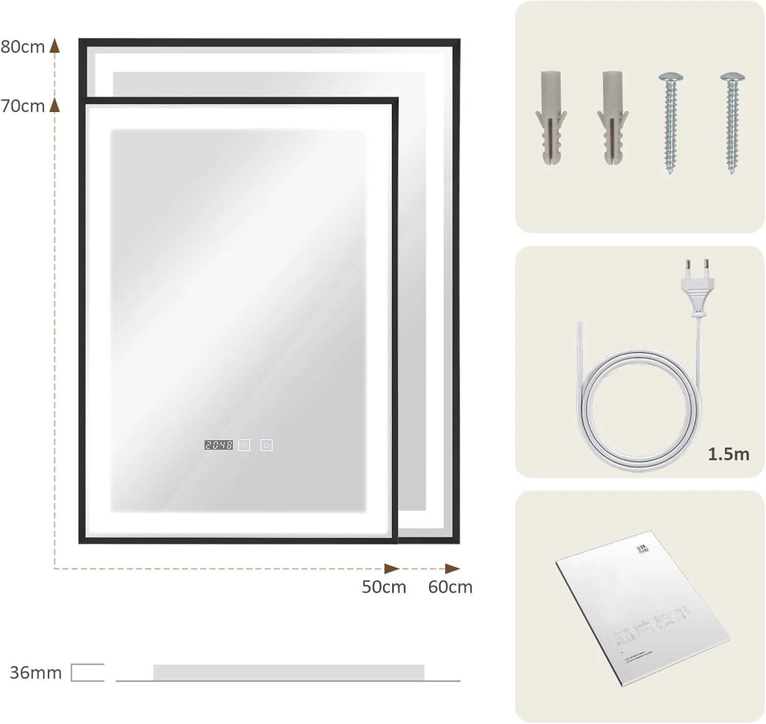 آینه حمام نوردار YOURLITE، 50x70 سانتی متر، آینه LED با 3 رنگ نور، دیمر دار، کلید لمسی، ضد بخار، آینه دیواری حمام با ساعت دیجیتال، عملکرد حافظه، مشکی