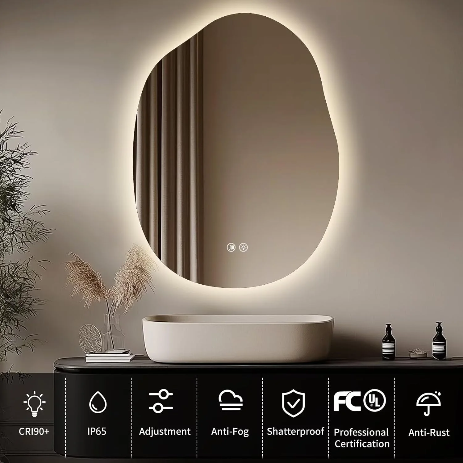 Yoding LED Bathroom Mirror with Lights 24x32”, Stepless Dimmable Irregular LED Mirror with 3 Colors, Anti-Fog, Shatter-Proof, Memory, Frameless Makeup Mirror for Bathroom (Horizontal/Vertical) Yoding LED Bathroom Mirror with Lights 24x32”, Stepless Dimmable Irregular LED Mirror with 3 Colors, Anti-Fog, Shatter-Proof, Memory, Frameless Makeup Mirror for Bathroom (Horizontal/Vertical)