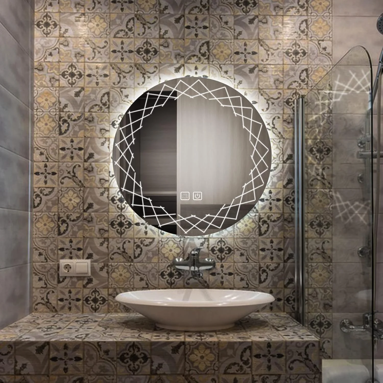 YOSHOOT Bathroom Mirror with Lighting, 80 cm Round Wall Mirror, LED Lighting, Anti-Fog Large Make-Up Mirror, Touch Button, Dimmable, 3 Colours, LED, 6400 K, IP44 (Nest)