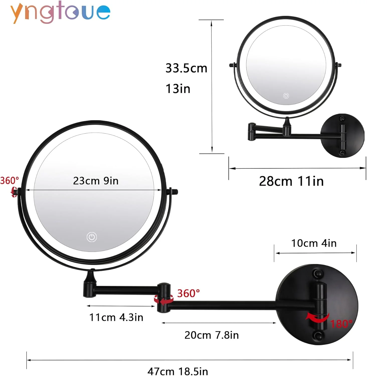 آینه آرایشی دیواری 9 اینچی yngtoue با نور، شیشه بزرگنمایی 10 برابر مشکی، آینه بزرگنمایی اصلاح حمام، شارژ USB 3000mAh (960B10X)