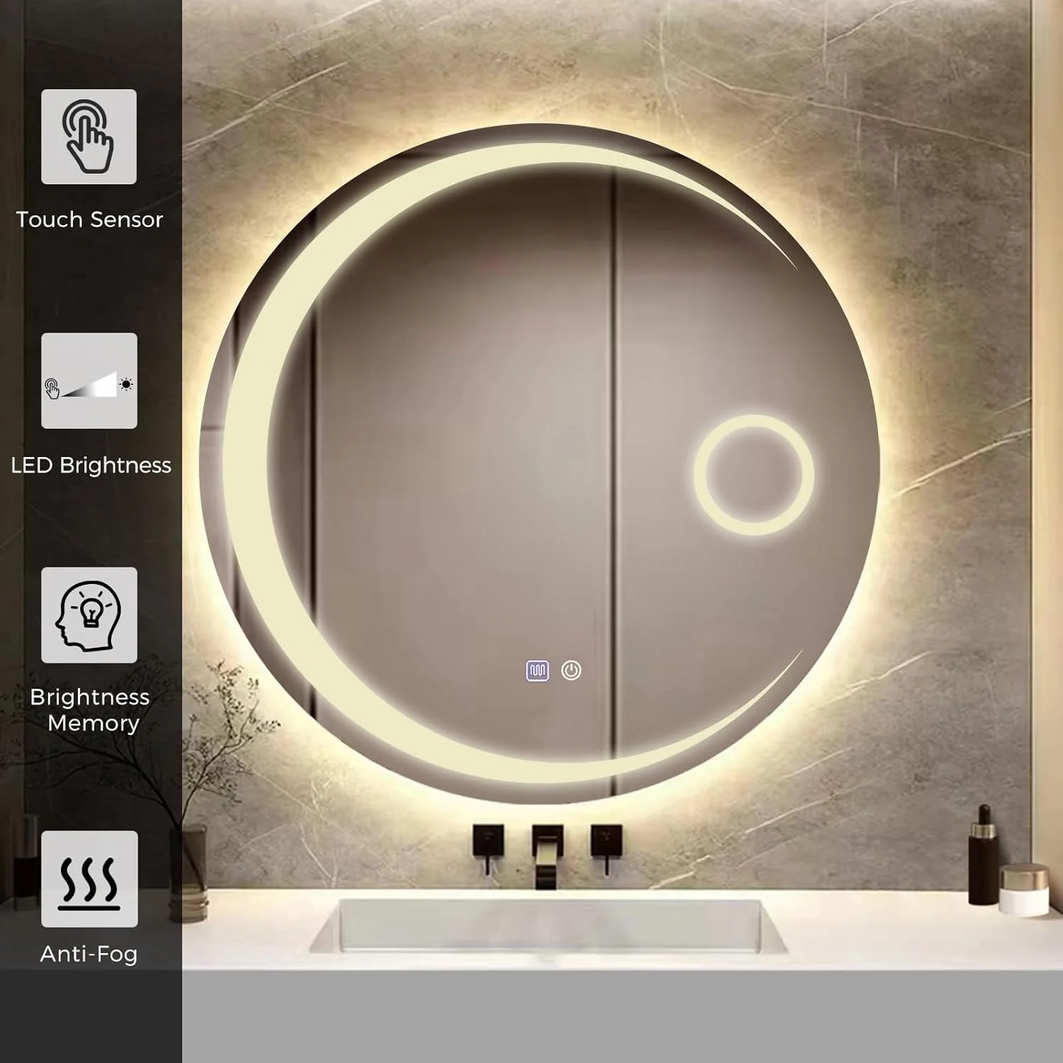 آینه حمام YOSHOOT با نورپردازی، آینه دیواری گرد 800 میلی‌متری، نورپردازی LED، آینه آرایش بزرگ ضد بخار، دکمه لمسی، دیمر، 3 رنگ، نور LED، 6400 کلوین، IP44 (ماه)