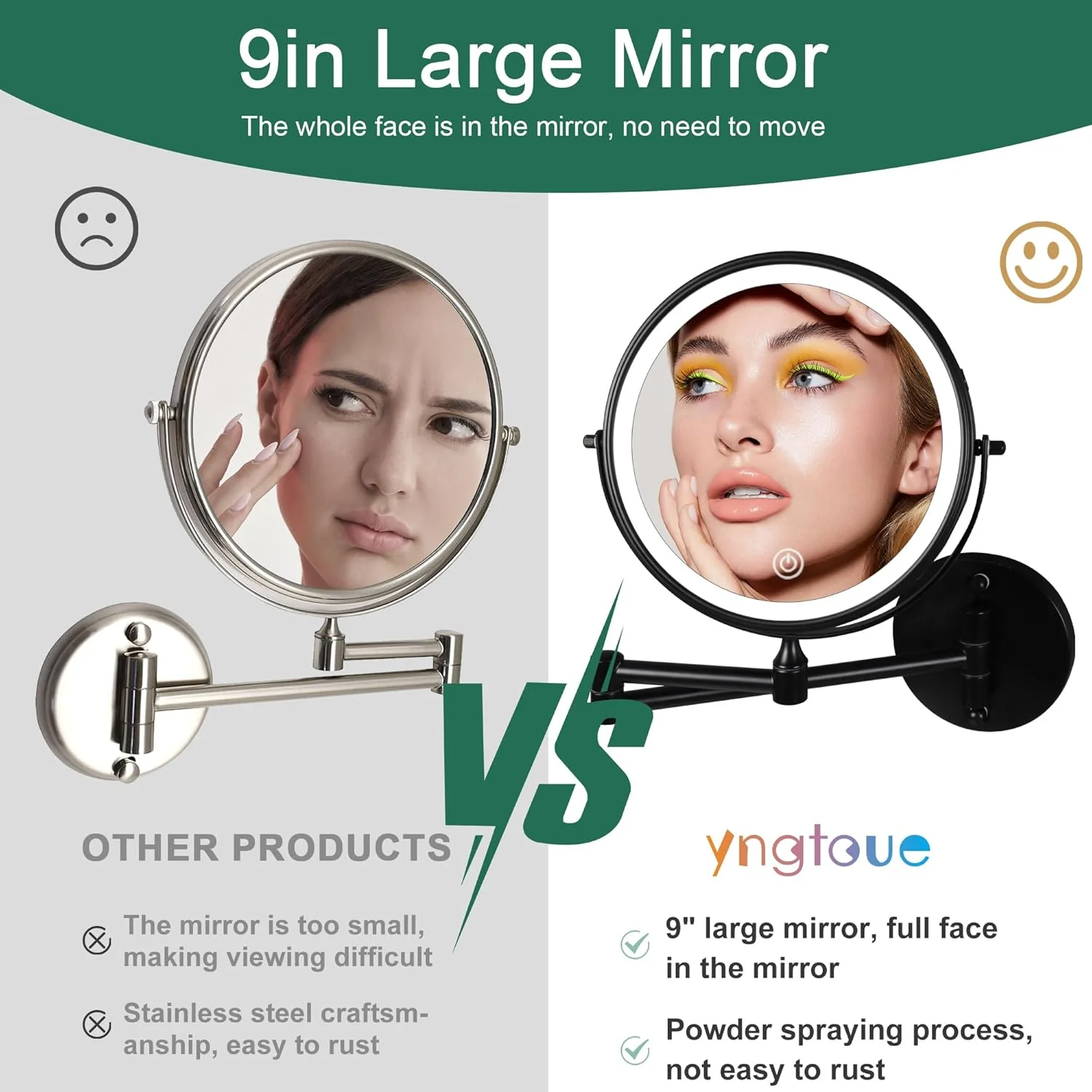 آینه آرایشی دیواری 9 اینچی yngtoue با نور، شیشه بزرگنمایی 10 برابر مشکی، آینه بزرگنمایی اصلاح حمام، شارژ USB 3000mAh (960B10X)