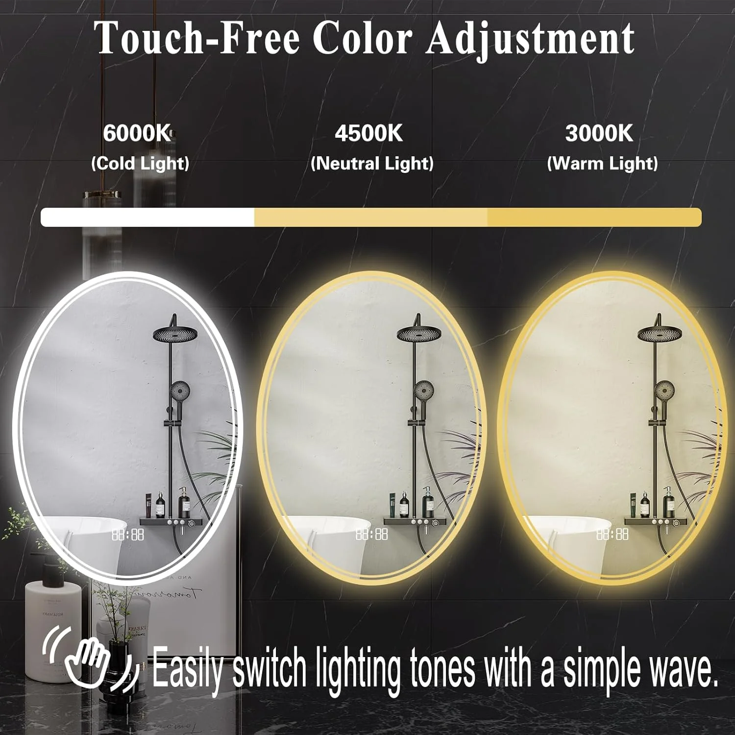 آینه حمام LED YIDABATH با نمایشگر دیجیتال زمان و دما، آینه بیضی روشن 50x70 سانتی متر، نورپردازی جلو و عقب، کم نور شدن تدریجی 3 رنگ، ضد مه، ضد خرد شدن