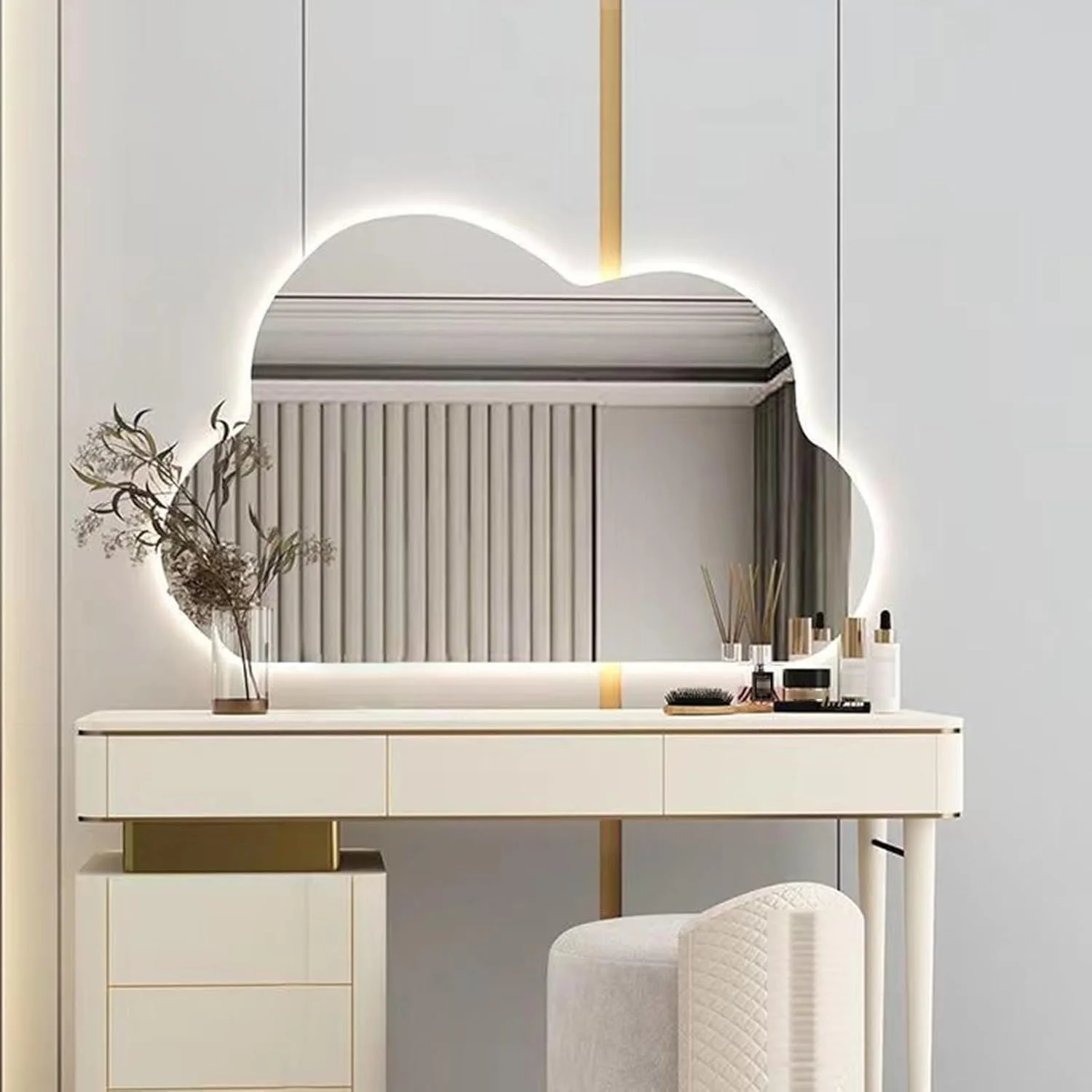 آینه دیواری YHWKGZ با قابلیت ضد بخار، آینه حمام، آینه آرایشی با کلید لمسی، آینه دیواری نامنظم با قابلیت تنظیم نور سه رنگ، مناسب برای آرایش، اتاق خواب، اتاق کودک، تولد (سایز: 110x70 سانتی‌متر)