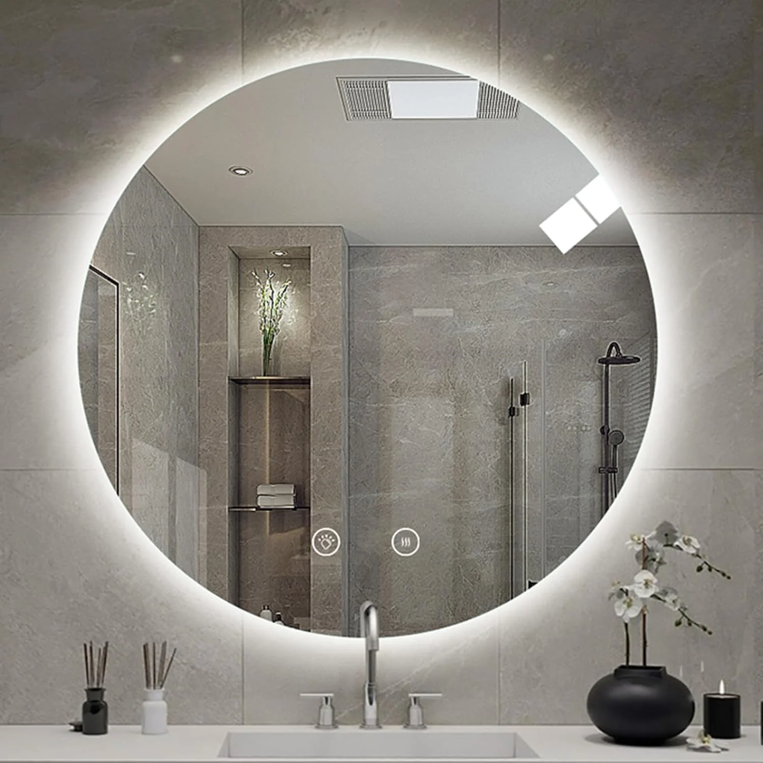 آینه حمام LED مدل YHWKGZ، آینه ضد بخار روشویی دیواری، آینه های حمام با حسگر لمسی، 3 رنگ، آینه آرایشی، آینه های گرد برای دکور دیوار (اندازه: 90x90 سانتی متر / 35.4x35.4 اینچ)