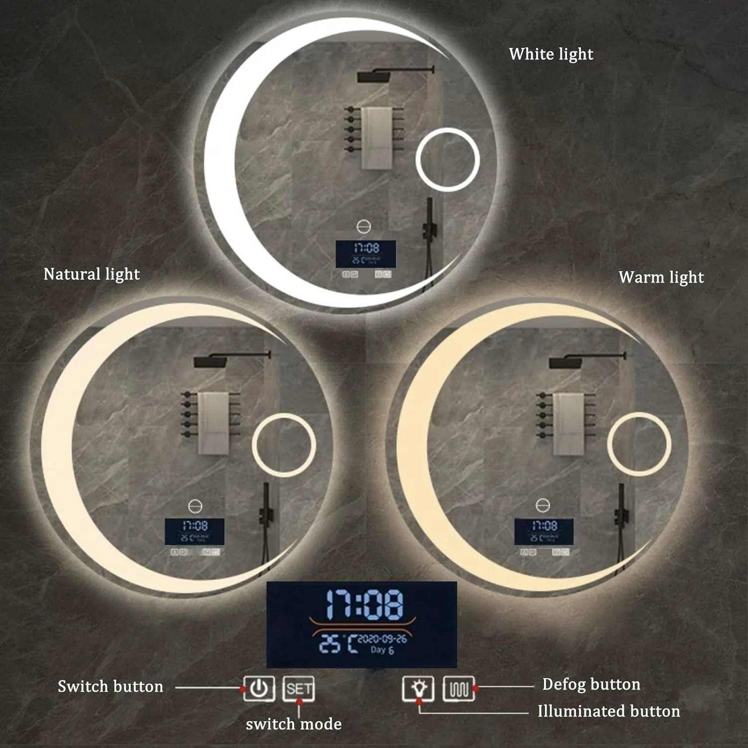 آینه YHWKGZ با LED، آینه های هوشمند حمام دیواری، آینه آرایشی روشن با قابلیت تنظیم نور بی نهایت، آینه آرایشی گرد نصب آسان (اندازه: 100x100 سانتی متر)