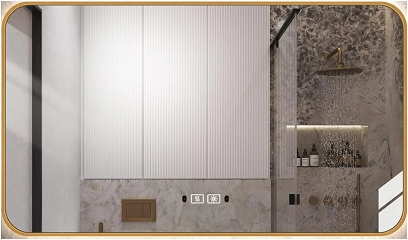 آینه حمام YHUAEE، آینه دیواری هوشمند حمام، مستطیلی لمسی، لوازم حمام سفارشی (طلایی)