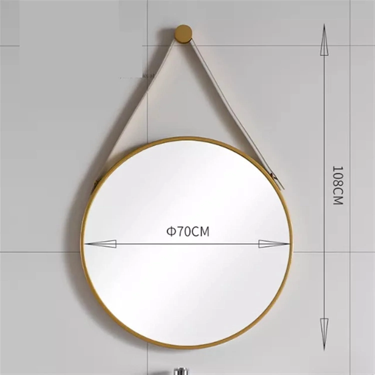 آینه حمام YHUAEE، آینه گرد دیواری، آویز تزئینی، دکوراسیون حمام و اتاق خواب، آینه آرایش با بند فلزی