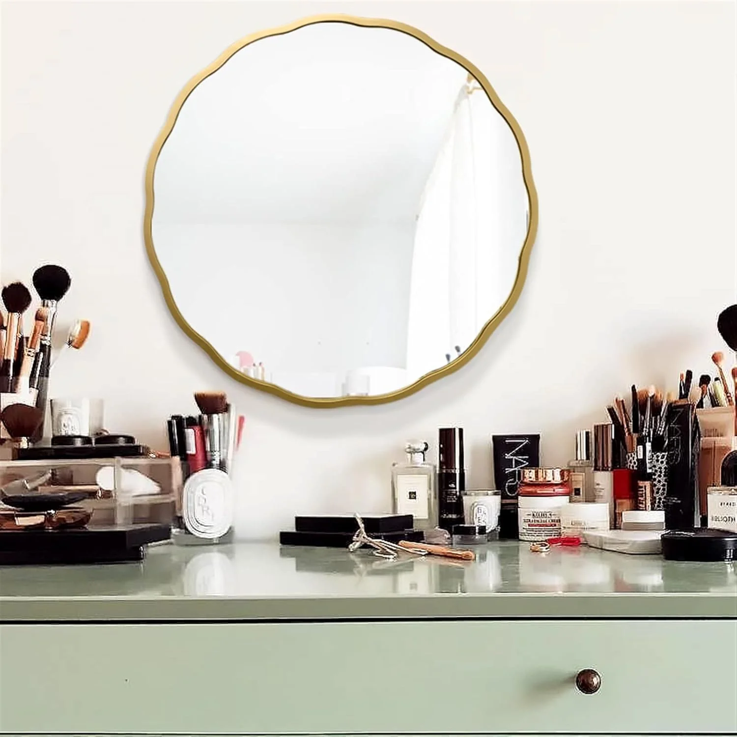 آینه حمام YHUAEE، آینه آرایش، آینه گرد نور پس زمینه توالت، آینه دیواری جیبی تزئینی