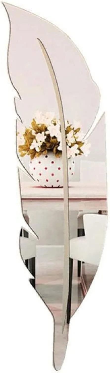 آینه حمام YHUAEE، 1 عدد استیکر دیواری با طرح پر، جلوه آینه ای، برای اتاق نشیمن، دکوراسیون منزل، دکو (نقره ای)