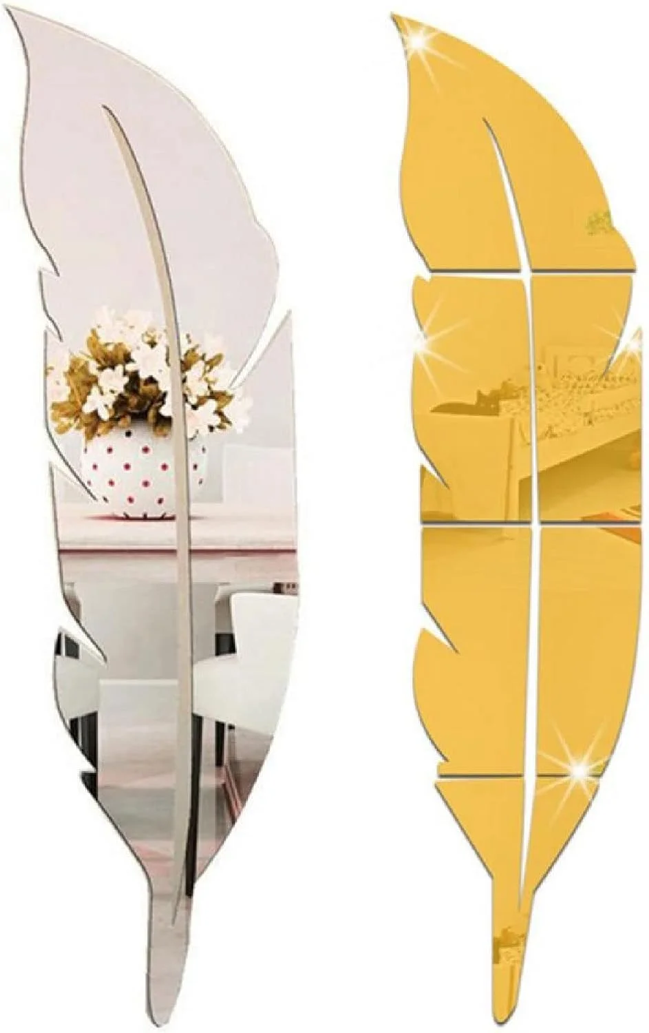 آینه حمام YHUAEE، 1 عدد استیکر دیواری با طرح پر، جلوه آینه ای، برای اتاق نشیمن، دکوراسیون منزل، دکو (نقره ای)