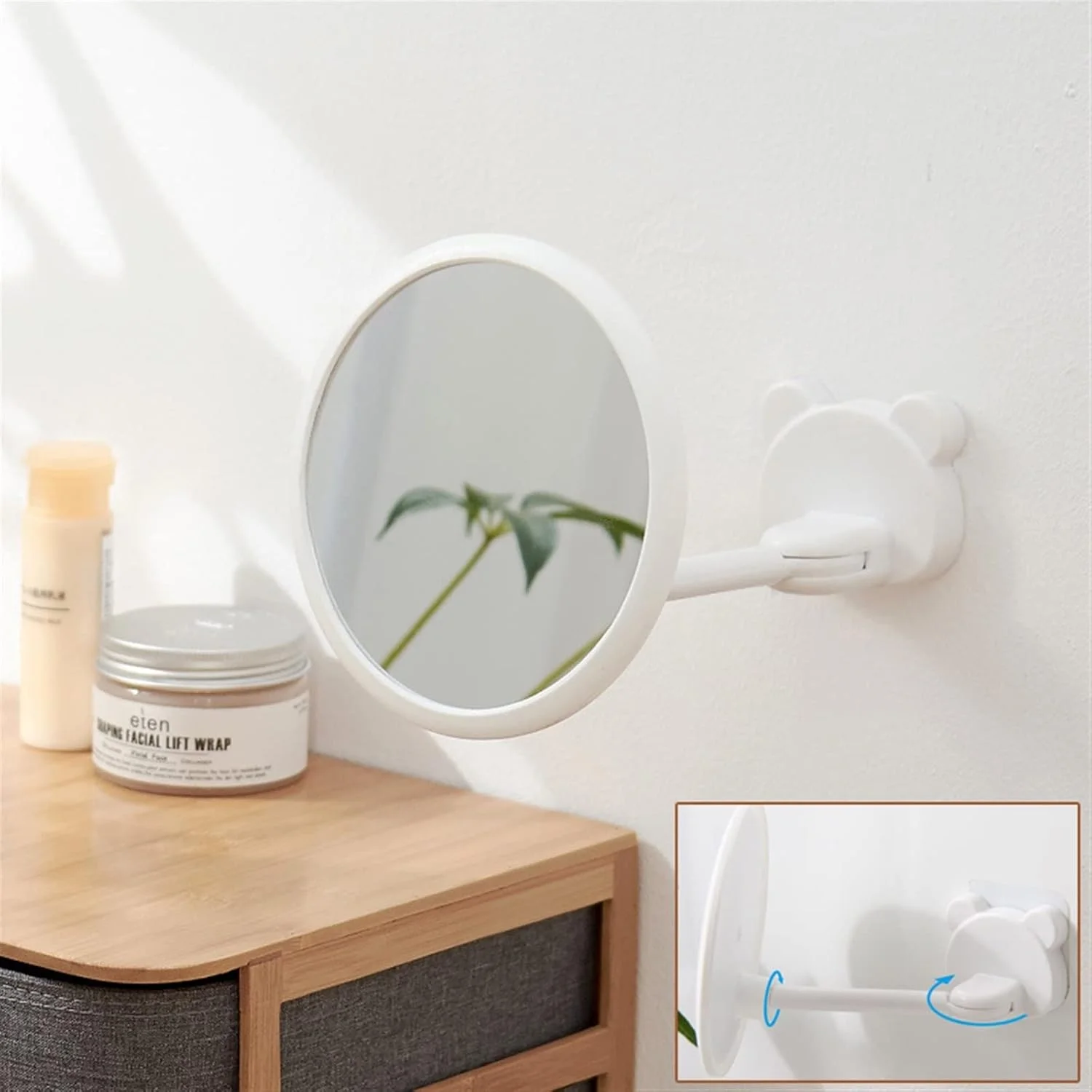 آینه حمام YHUAEE بدون نیاز به سوراخکاری، آینه آرایشی حمام، آینه اصلاح تاشو با بازوی کشویی گرد مناسب دیوار و دارای مکش