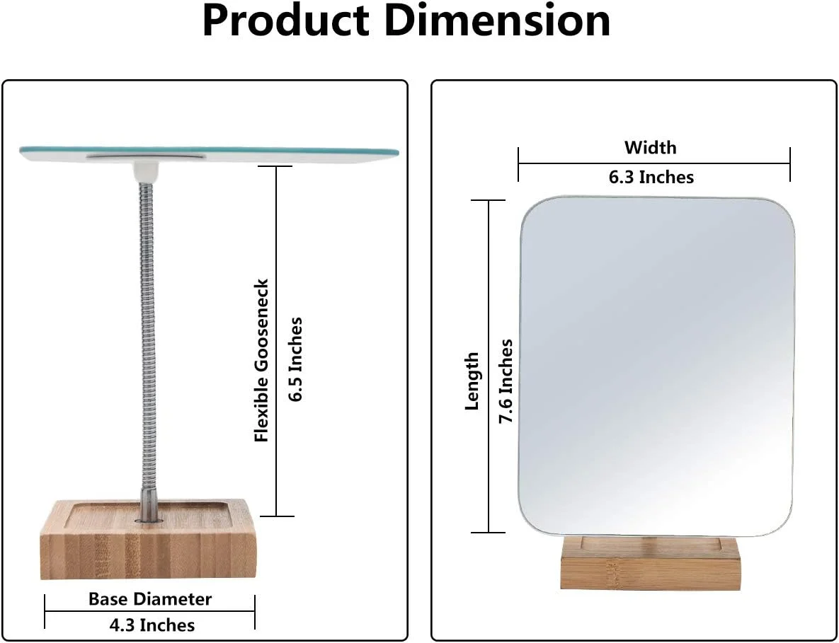 آینه آرایشی رومیزی بامبو YEAKE با گردن غازی انعطاف پذیر، چرخش 360 درجه، آینه بزرگ 8 اینچی بدون قاب، تاشو، قابل حمل، مناسب برای میز توالت، اصلاح صورت و آرایش