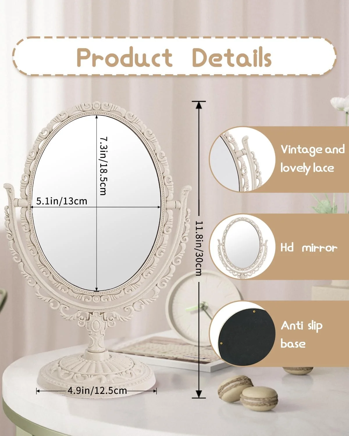 آینه آرایشی رومیزی 7 اینچی XPXKJ با بزرگنمایی 3 برابر، آینه زیبایی قدیمی، آینه آرایش حمام و اتاق خواب (بیضی، بژ) آینه آرایشی رومیزی 7 اینچی XPXKJ با بزرگنمایی 3 برابر، آینه زیبایی قدیمی، آینه آرایش حمام و اتاق خواب (بیضی، بژ)