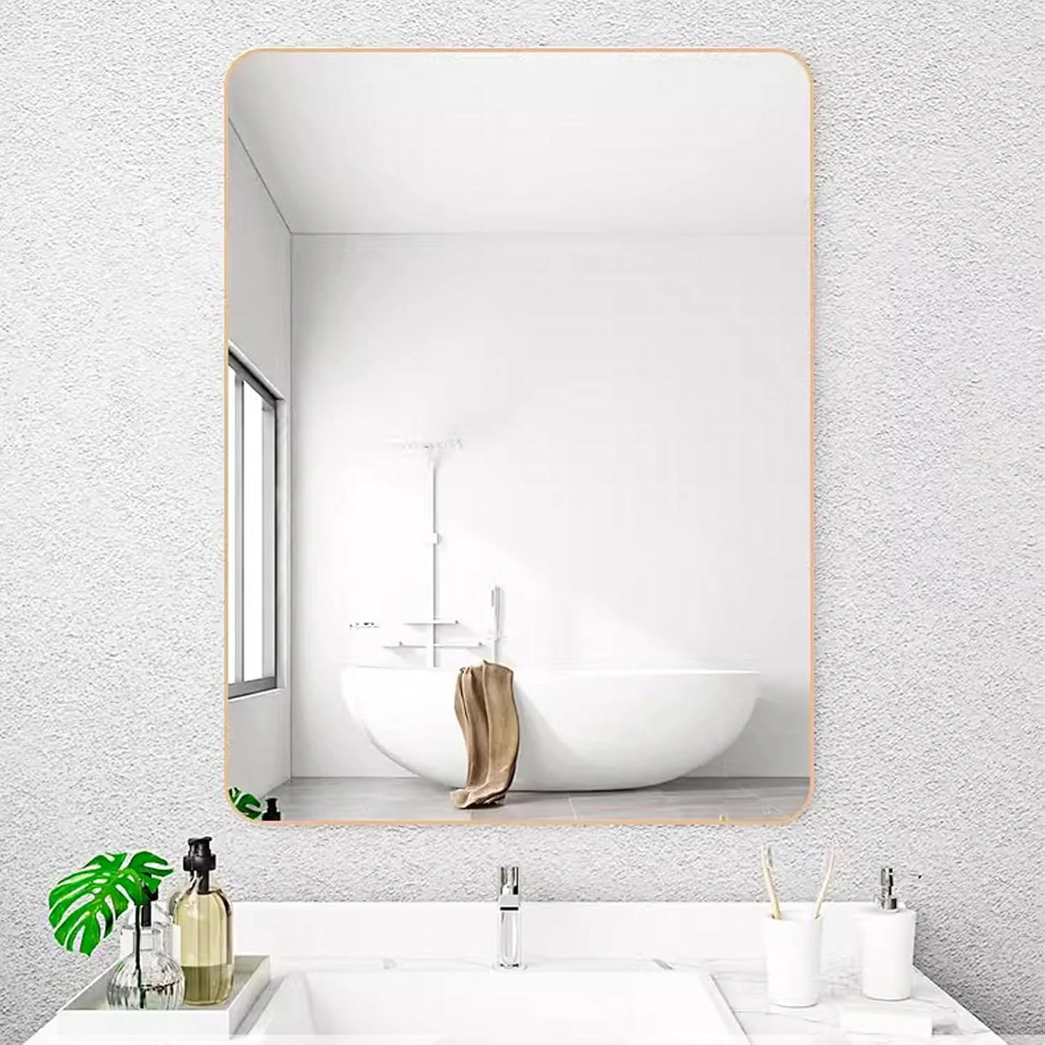 آینه دیواری xixi-home ابعاد 50 در 70 سانتی متر، آینه مستطیلی مناسب حمام، آینه آرایش، قابل استفاده برای حمام، کمد، اتاق نشیمن، اتاق خواب، ورودی، طلایی