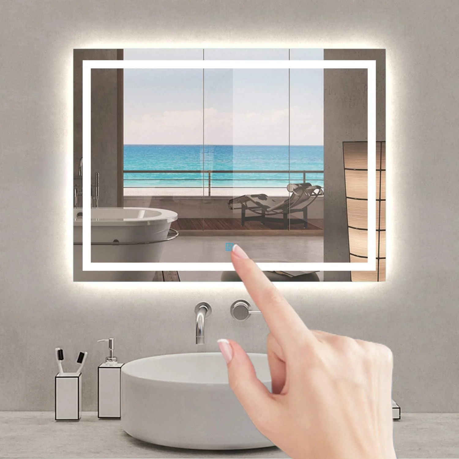 آینه حمام ال ای دی نورانی شینیانگ 800x600 با پد ضد بخار [دارای استاندارد IP44] مستطیلی، نصب دیواری با نور پس زمینه، دارای کلید لمسی