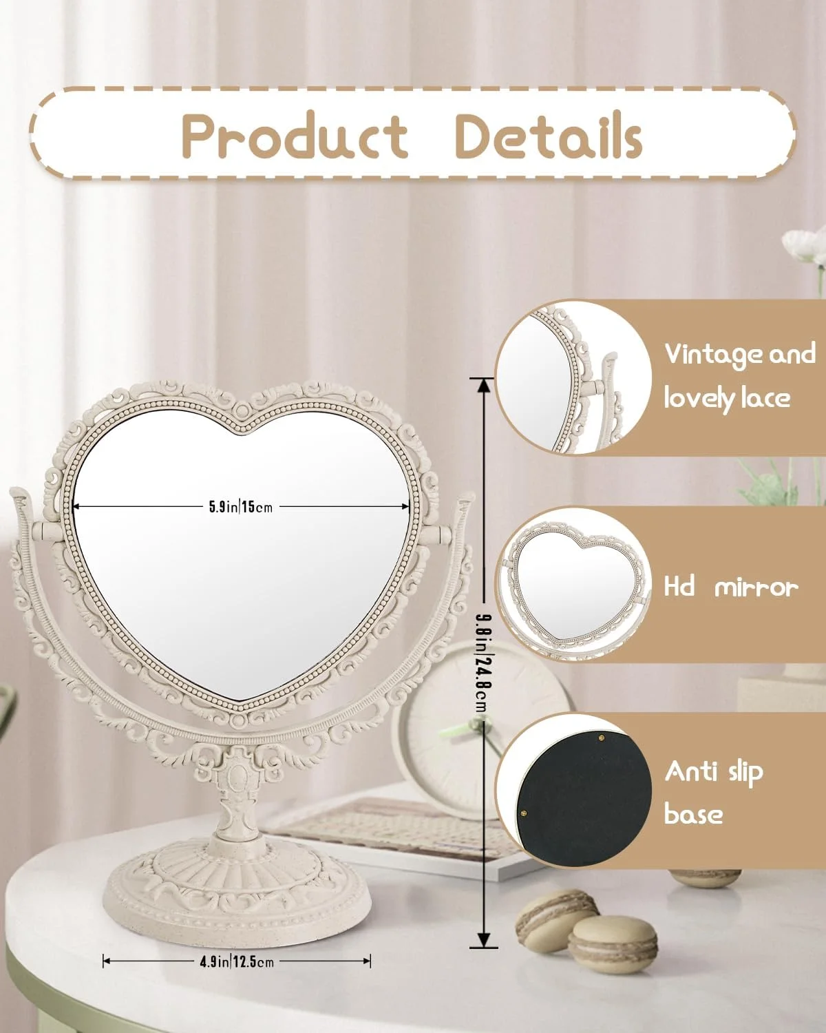 آینه آرایشی رومیزی قلبی شکل 7 اینچی XPXKJ با بزرگنمایی 3 برابر، سبک وینتیج برای حمام و اتاق خواب (قلب بژ) آینه آرایشی رومیزی قلبی شکل 7 اینچی XPXKJ با بزرگنمایی 3 برابر، سبک وینتیج برای حمام و اتاق خواب (قلب بژ)