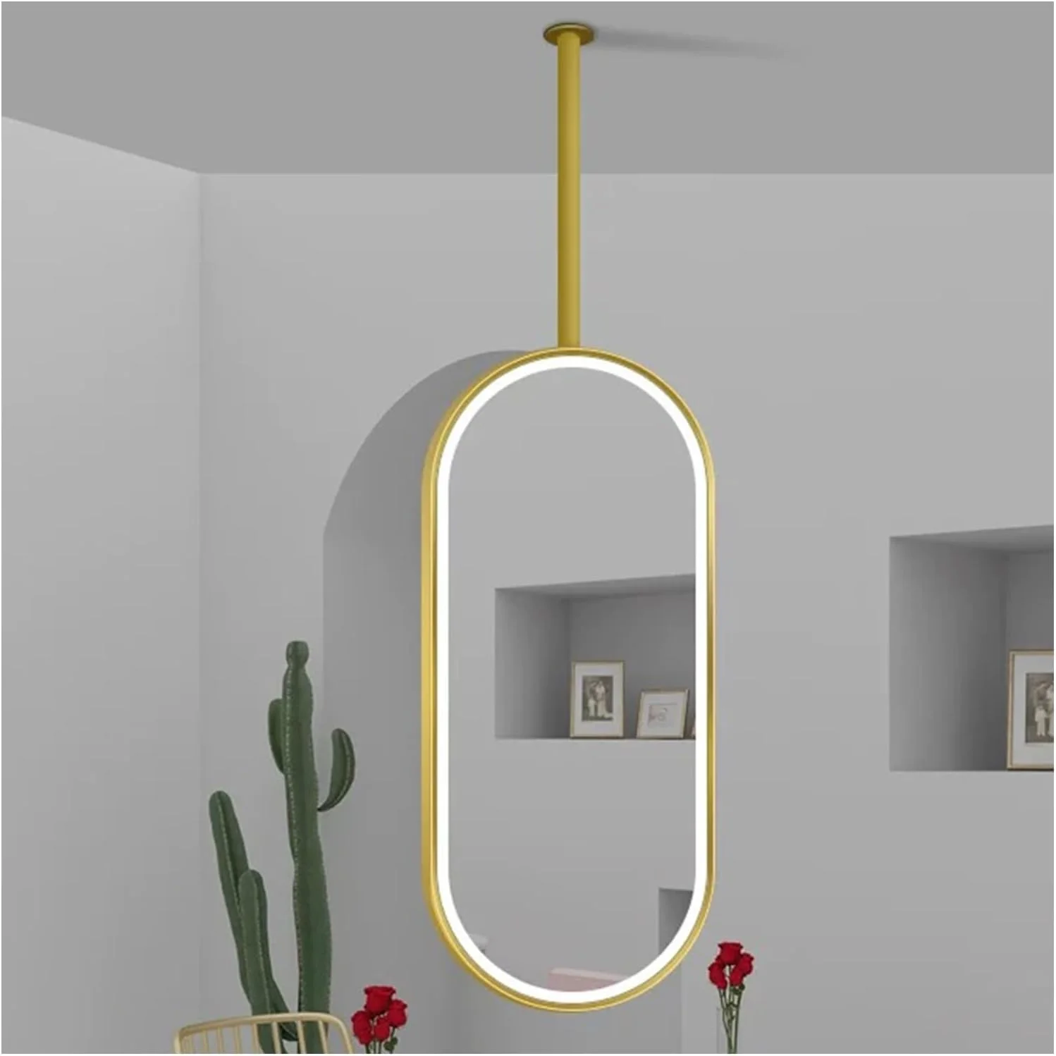 آینه سقفی XLTFUC، آینه بیضی شناور مناسب حمام و روشویی با نور LED، مناسب برای خانه یا هتل (طلایی، 60x100 سانتی متر)