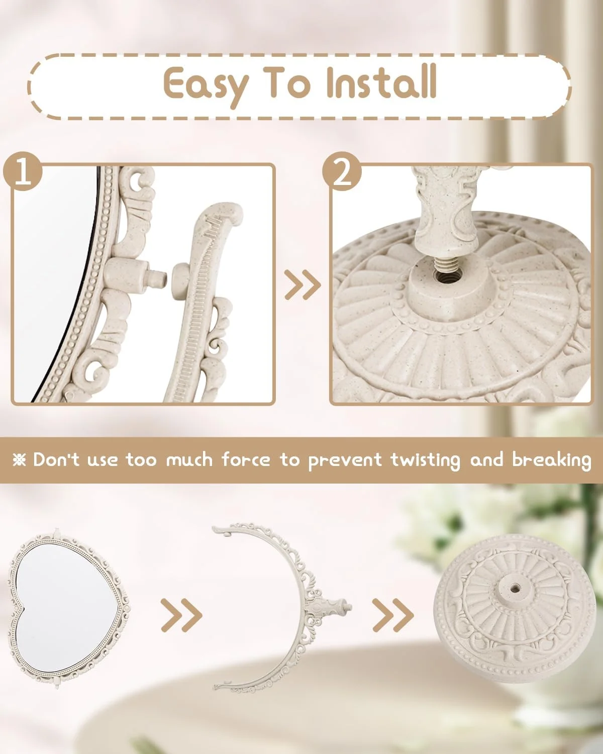 آینه آرایشی رومیزی قلبی شکل 7 اینچی XPXKJ با بزرگنمایی 3 برابر، سبک وینتیج برای حمام و اتاق خواب (قلب بژ) آینه آرایشی رومیزی قلبی شکل 7 اینچی XPXKJ با بزرگنمایی 3 برابر، سبک وینتیج برای حمام و اتاق خواب (قلب بژ)