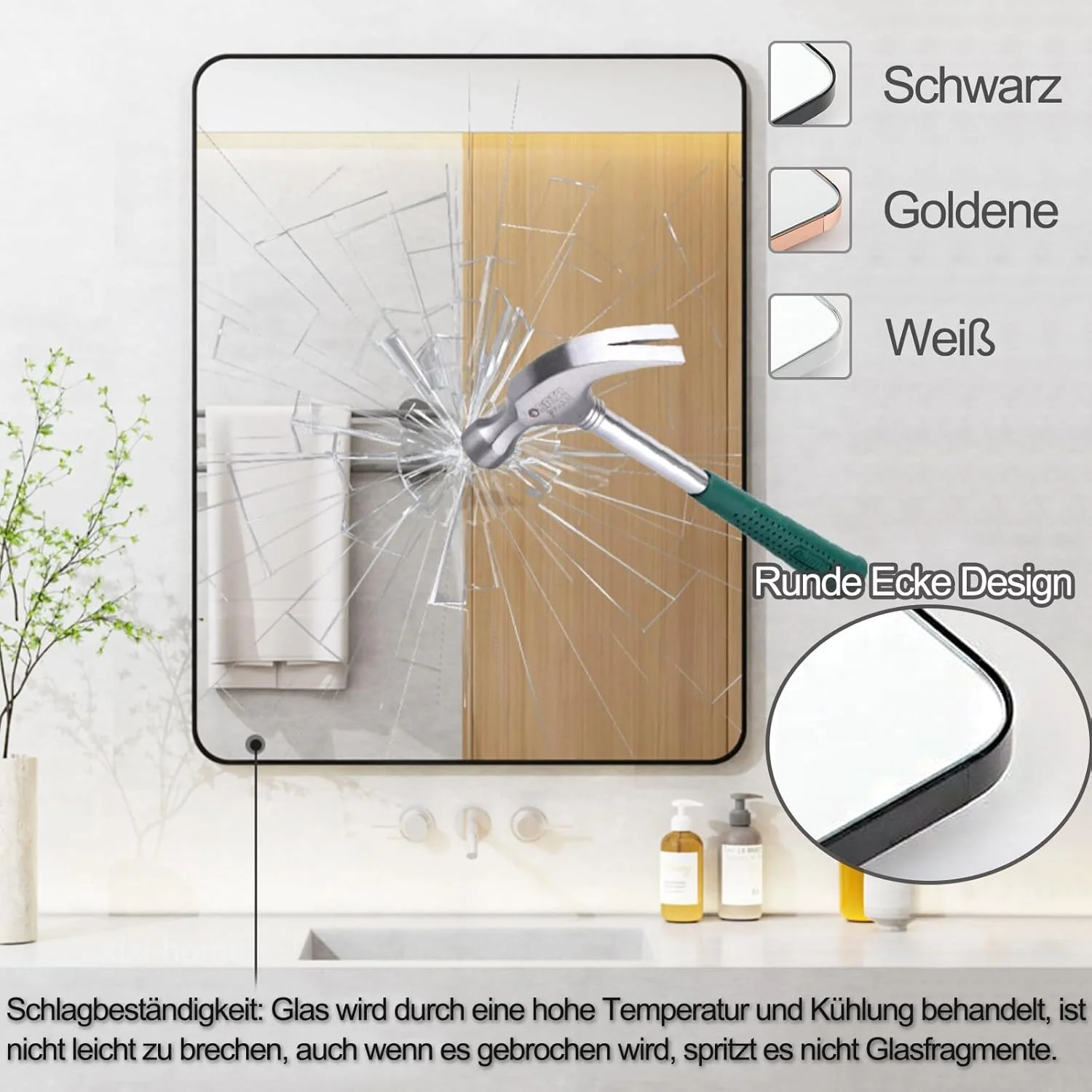 آینه دیواری xixi-home ابعاد 50 در 70 سانتی متر، آینه مستطیلی مناسب حمام، آینه آرایش، قابل استفاده برای حمام، کمد، اتاق نشیمن، اتاق خواب، ورودی، طلایی