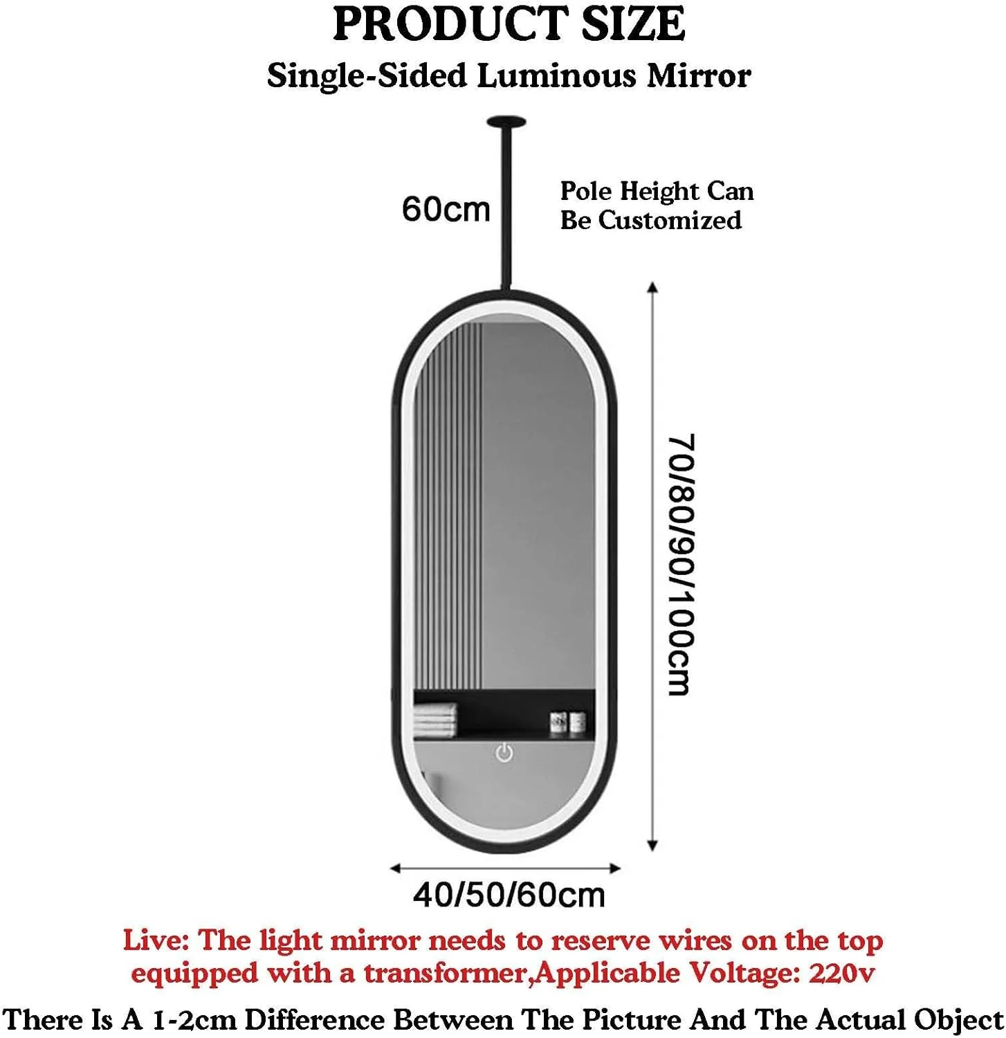 آینه سقفی XLTFUC، آینه بیضی شناور مناسب حمام و روشویی با نور LED، مناسب برای خانه یا هتل (طلایی، 60x100 سانتی متر)