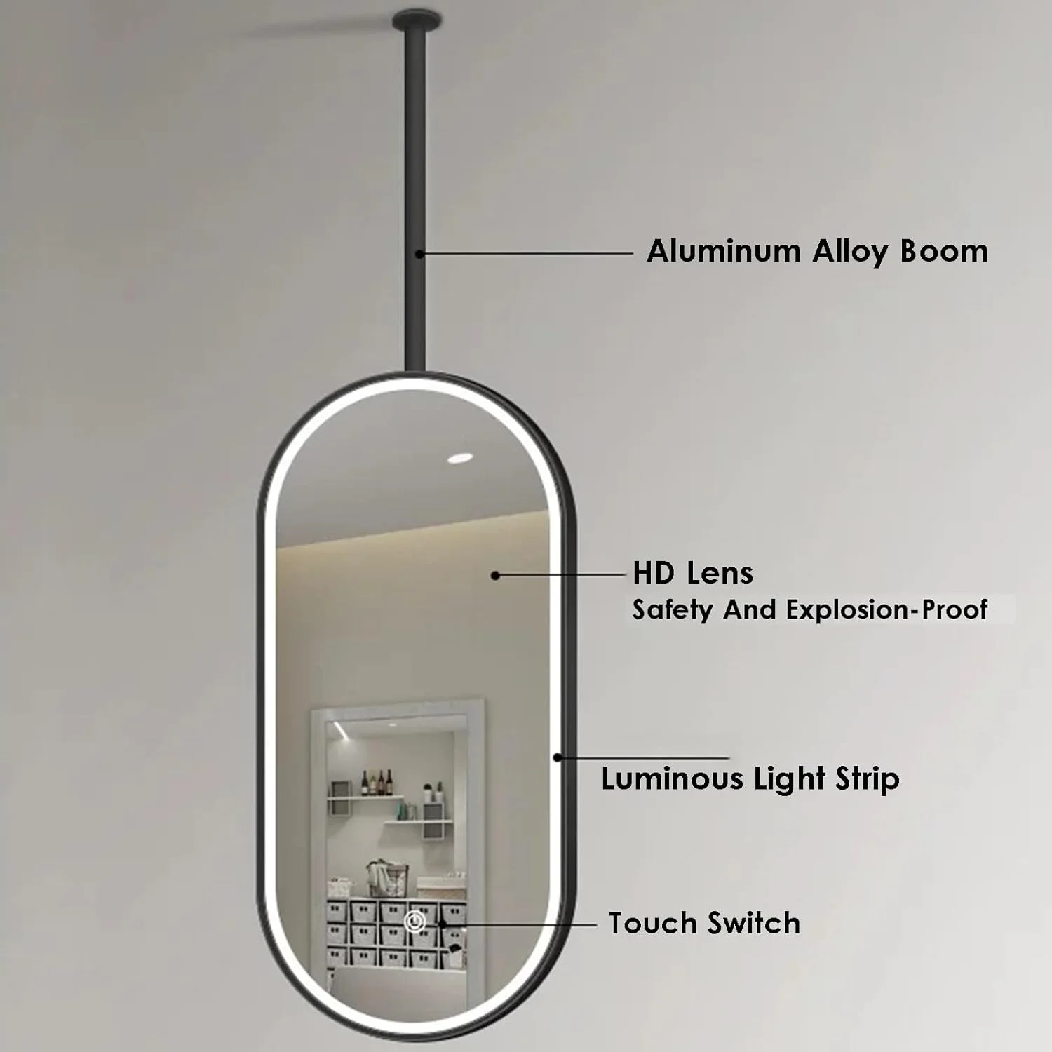 آینه سقفی XLTFUC، آینه بیضی شناور مناسب حمام و روشویی با نور LED، مناسب برای خانه یا هتل (طلایی، 60x100 سانتی متر)