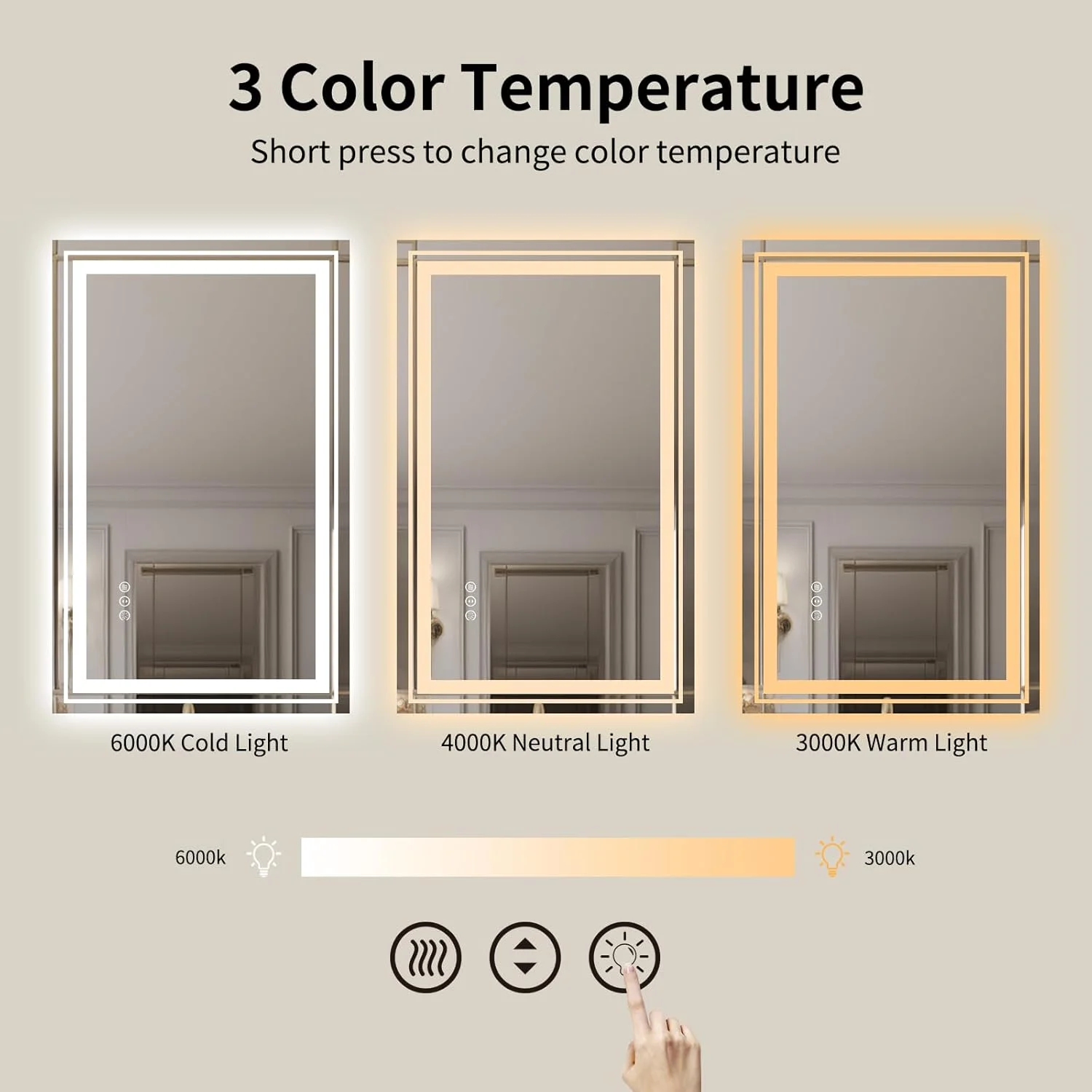 آینه حمام ال ای دی WTTY با نور پس زمینه و جلو، 122x81 سانتی متر، آینه ال ای دی مدرن برای حمام، آینه روشویی حمام با نور قابل تنظیم، عملکرد حافظه، ضد خرد شدن، نصب دیواری