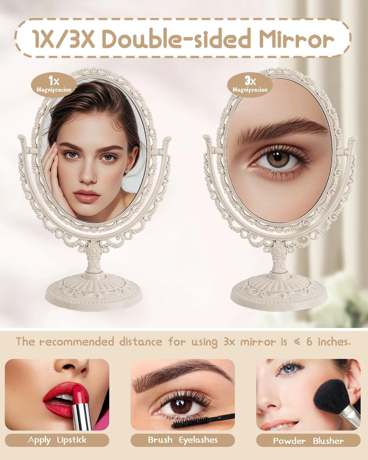 آینه آرایشی رومیزی 7 اینچی XPXKJ با بزرگنمایی 3 برابر، آینه زیبایی قدیمی، آینه آرایش حمام و اتاق خواب (بیضی، بژ) آینه آرایشی رومیزی 7 اینچی XPXKJ با بزرگنمایی 3 برابر، آینه زیبایی قدیمی، آینه آرایش حمام و اتاق خواب (بیضی، بژ)