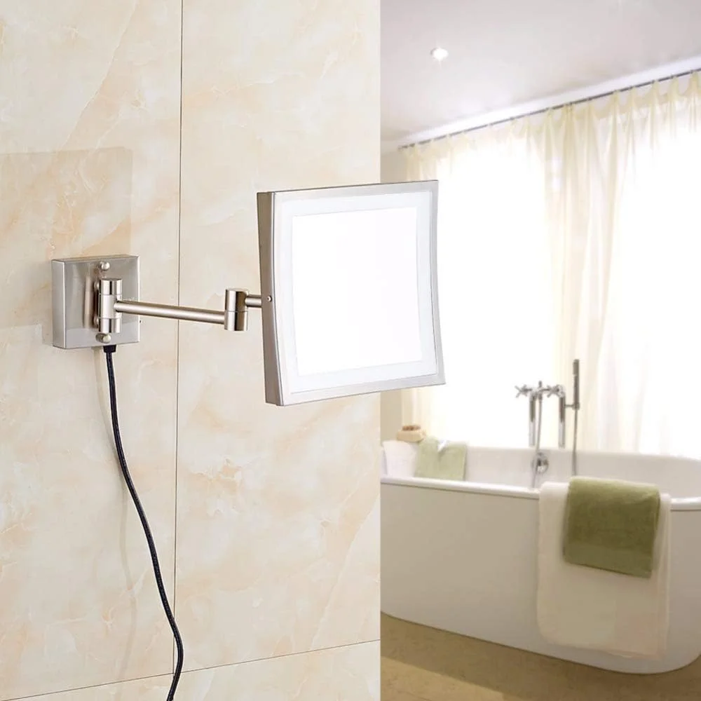 آینه آرایشی دیواری WTCBQC، آینه های آرایش چراغ دار برنجی 8.5 اینچی با قابلیت بزرگنمایی، تاشو، مناسب اصلاح صورت، دارای کلید و دوشاخه برق، مشکی