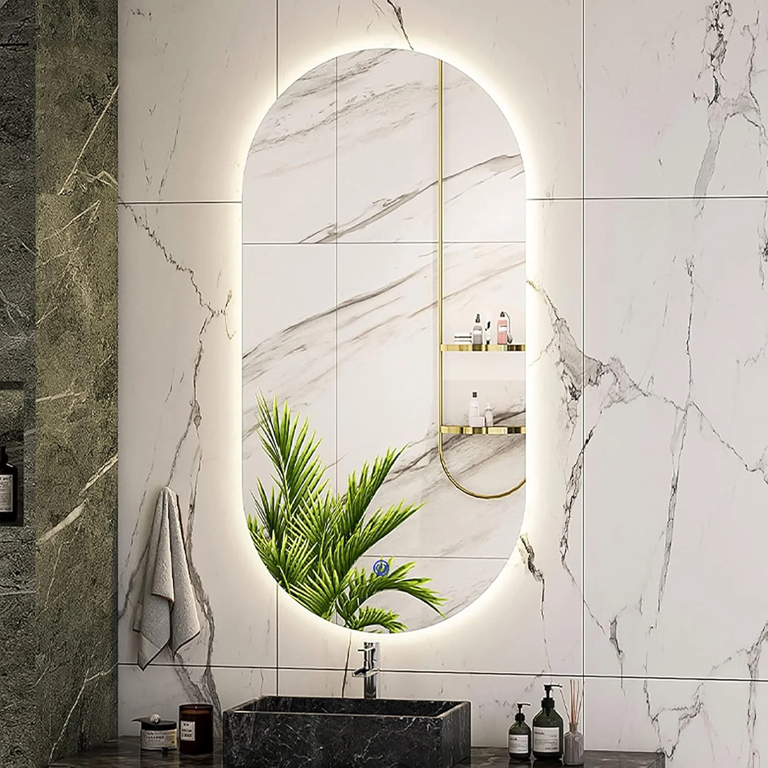 آینه حمام WTCBQC، آینه بیضی شکل نوردار با سه رنگ نور، آینه روشویی دیواری، آینه آرایشی هوشمند بیضی شکل، 600 * 900 میلی متر / 24 * 36 اینچ