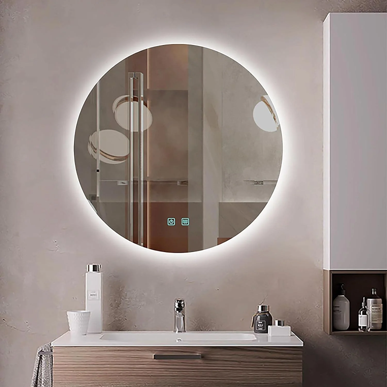 آینه حمام WTCBQC، آینه گرد آرایشی، مناسب برای روشویی حمام، گرد بزرگ مدرن 50 سانتی‌متری (20 اینچ)، آینه لمسی دایره‌ای روشن با قابلیت تنظیم نور، دارای حافظه و حسگر ضد مه، 80 سانتی‌متری (32 اینچ)