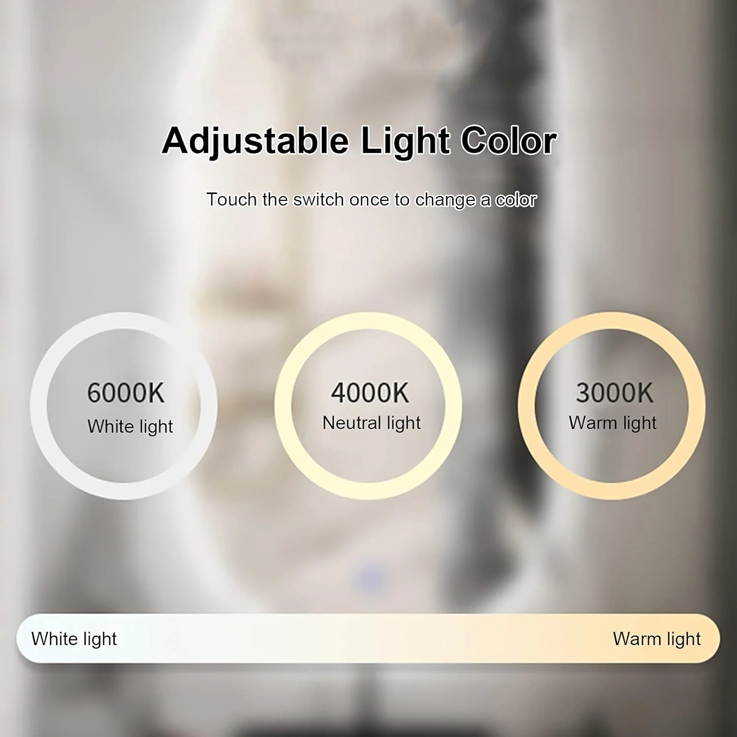 آینه حمام WTCBQC، آینه بیضی شکل نوردار با سه رنگ نور، آینه روشویی دیواری، آینه آرایشی هوشمند بیضی شکل، 600 * 900 میلی متر / 24 * 36 اینچ