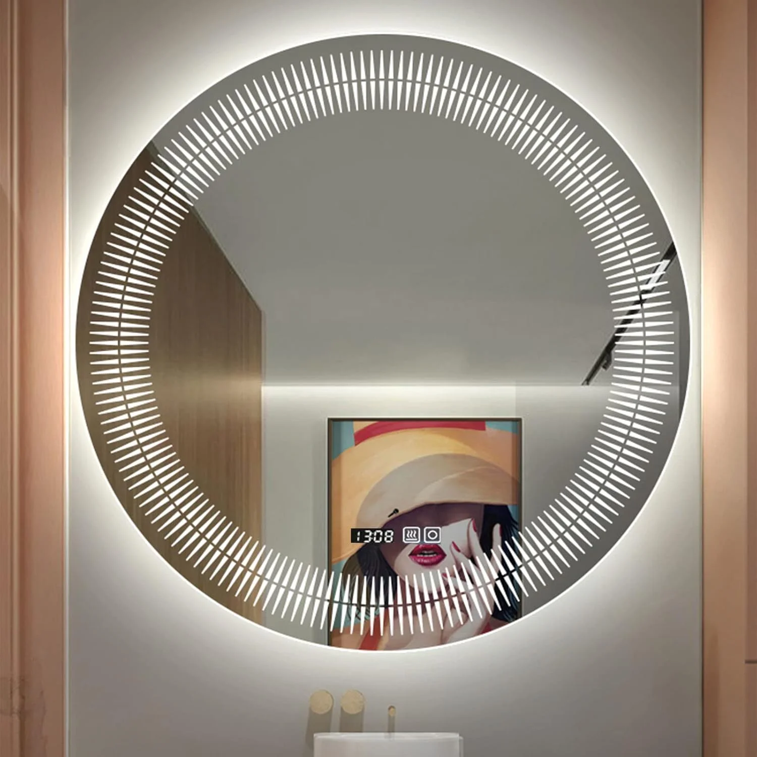 آینه گرد حمام WTCBQC، آینه دستشویی دایره ای با قابلیت تنظیم نور و چراغ، آینه آرایشی دیواری ضد بخار خانگی (60/70 سانتی متر)، نور سفید