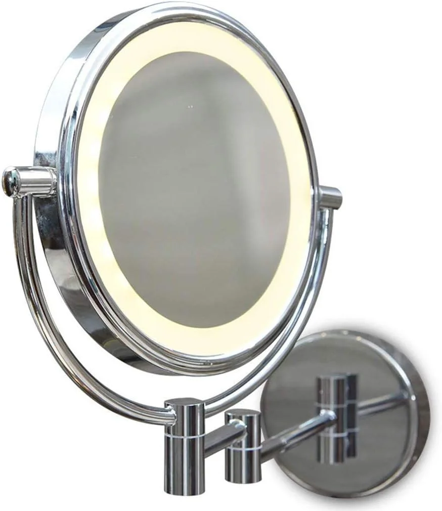 آینه آرایشی WRQzxcv، آینه رومیزی با کیفیت، آینه دیواری چراغ دار 8 اینچی LED، آینه دو طرفه دیواری با بازوی قابل تنظیم و قابلیت خم شدن، آینه آرایشی LED