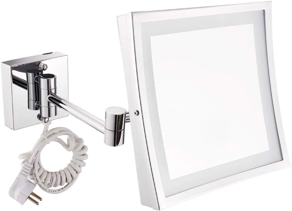 آینه آرایشی WRQzxcv، آینه رومیزی آرایشی مربع روشن دار 8 اینچی LED، آینه حمام دیواری استیل ضد زنگ تاشو با بزرگنمایی 3 برابر و نور