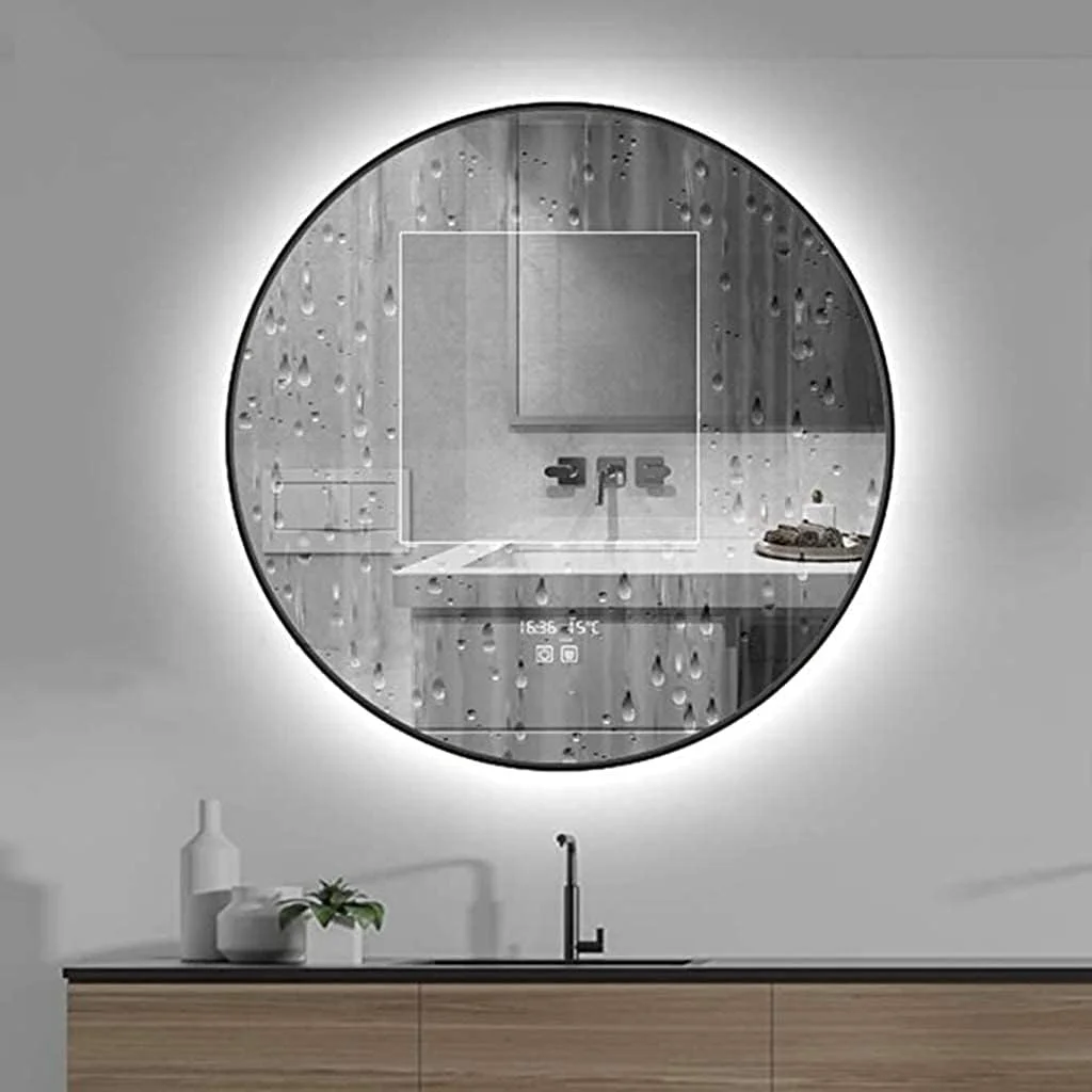 آینه حمام WRQzxcv، آینه دیواری LED با پد ضد بخار و کلید لمسی، مناسب آرایش و زیبایی، لبه مشکی، قطر 50/60/70/80 سانتی متر (80 سانتی متر/31.5 اینچ)