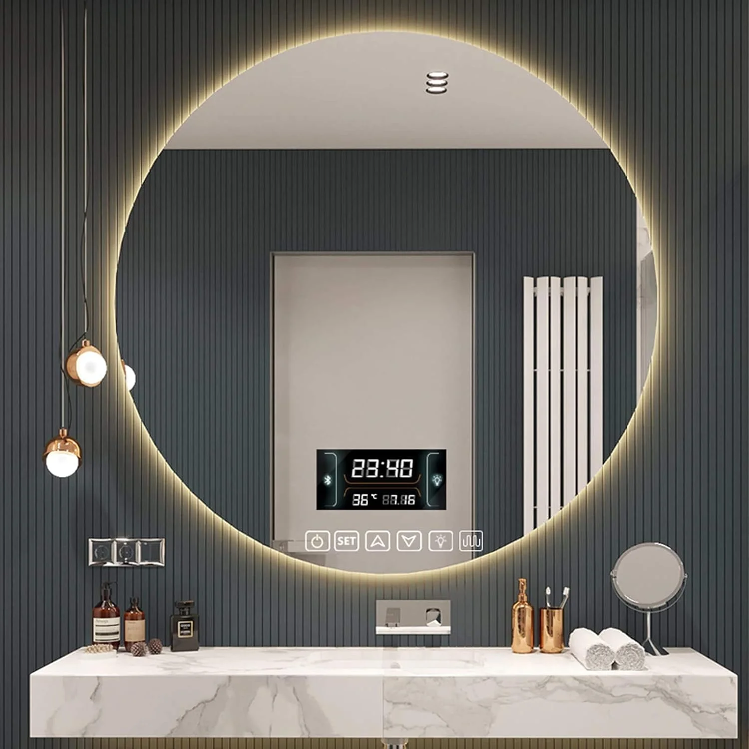 آینه گرد LED WRQzxcv برای حمام با نور پس زمینه و عملکرد ضد مه، آینه آرایشی لمسی دایره ای قابل تنظیم برای نصب روی دیوار بالای روشویی